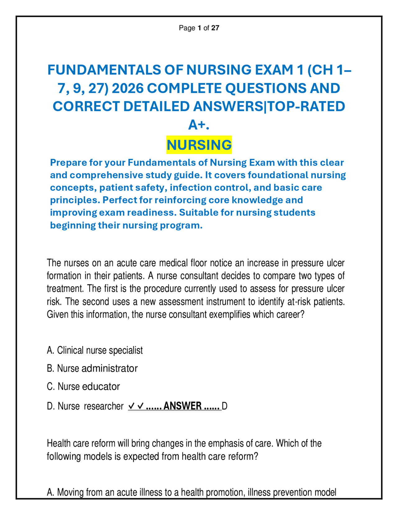 FUNDAMENTALS OF NURSING EXAM 1 (CH 1– 7, 9, 27) 2026 QUESTION AND ...