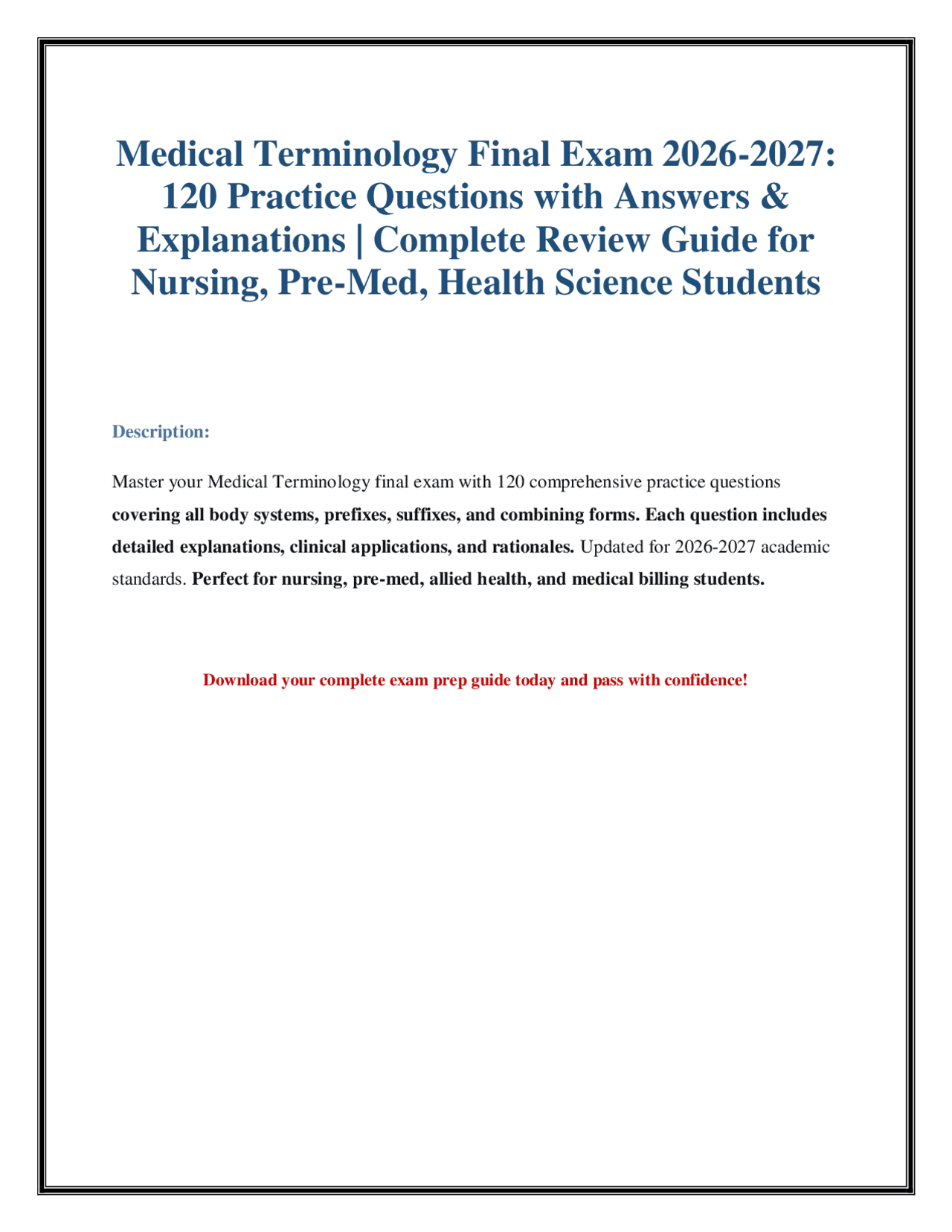 Medical Terminology Final Exam 2026-2027: 120 Practice Questions ...