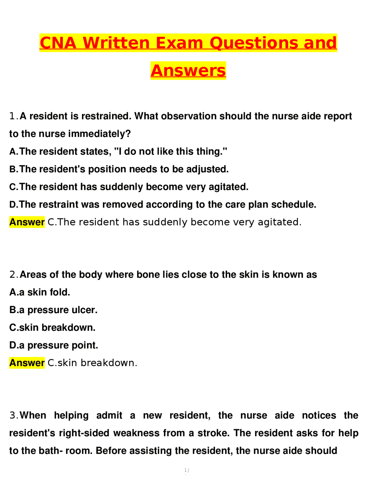 CNA Written Exam Questions 2026 Newest Updated Questions and Correct ...