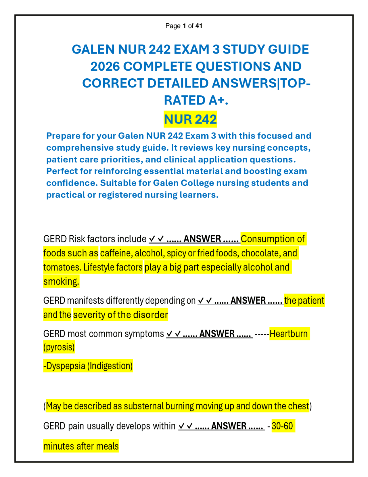 GALEN NUR 242 EXAM 3 STUDY GUIDE 2026 QUESTION AND ANSWER | Exams ...