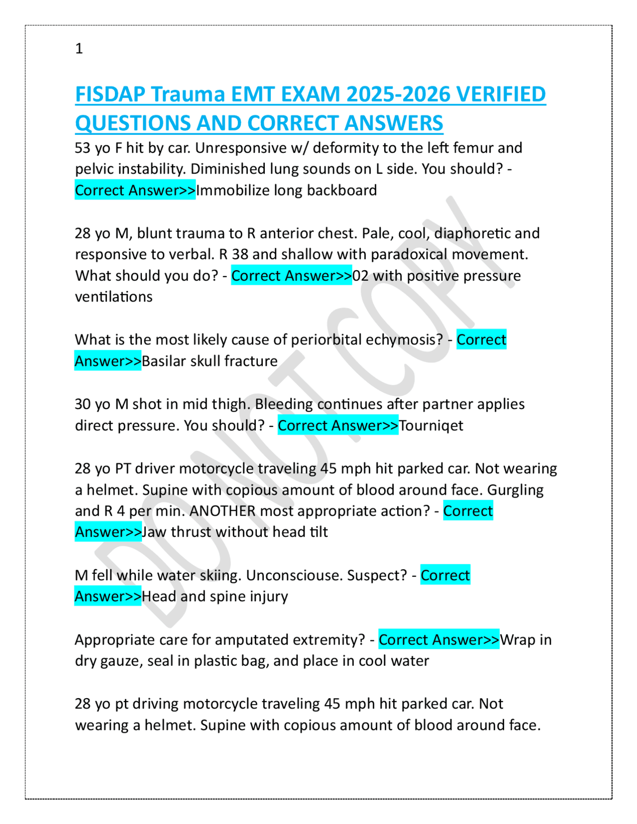FISDAP Trauma EMT EXAM 2025-2026 VERIFIED QUESTIONS AND CORRECT ANSWERS ...