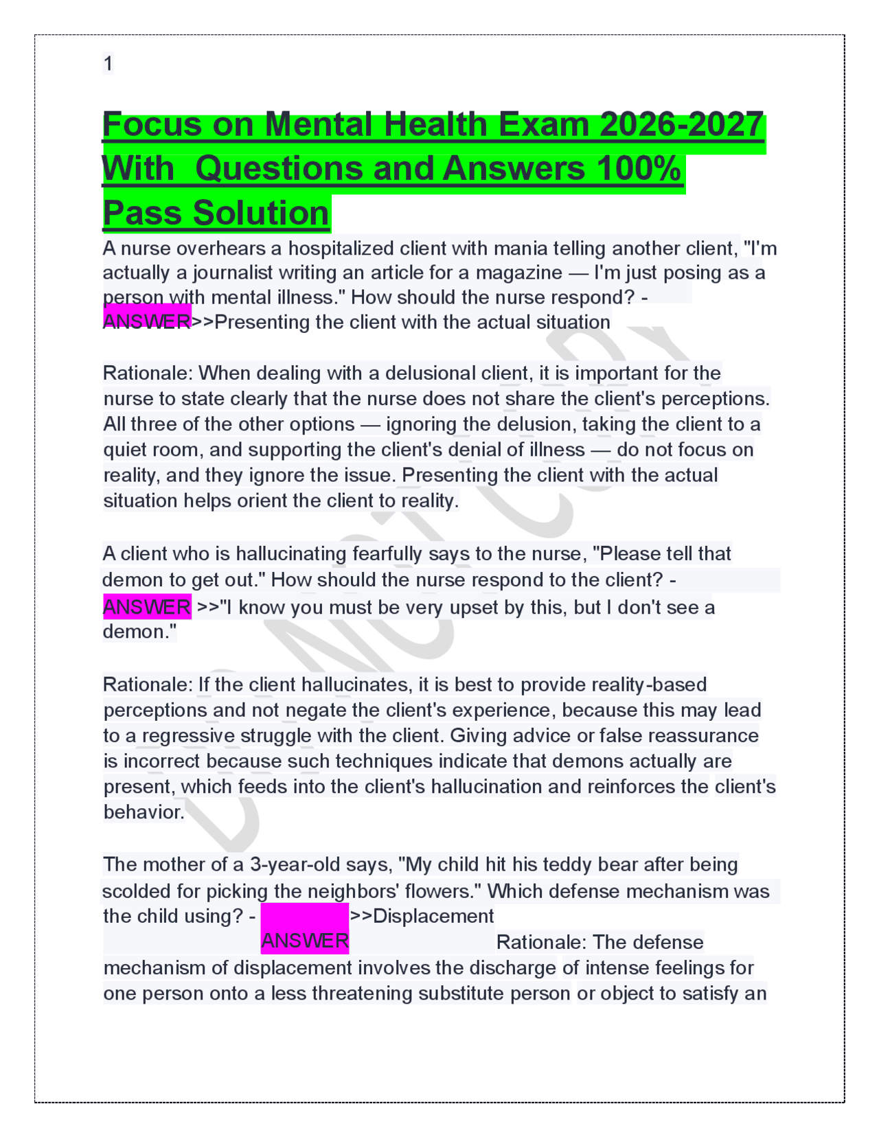 Focus on Mental Health Exam 2026-2027 With Questions and Answers 100% ...
