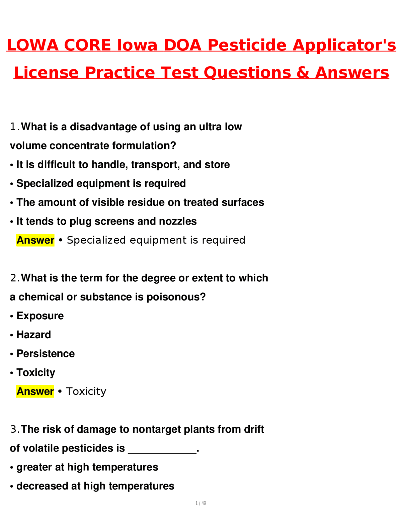 LOWA CORE Iowa DOA Pesticide Applicator's License Practice Test 2026 Questions and Answers ...