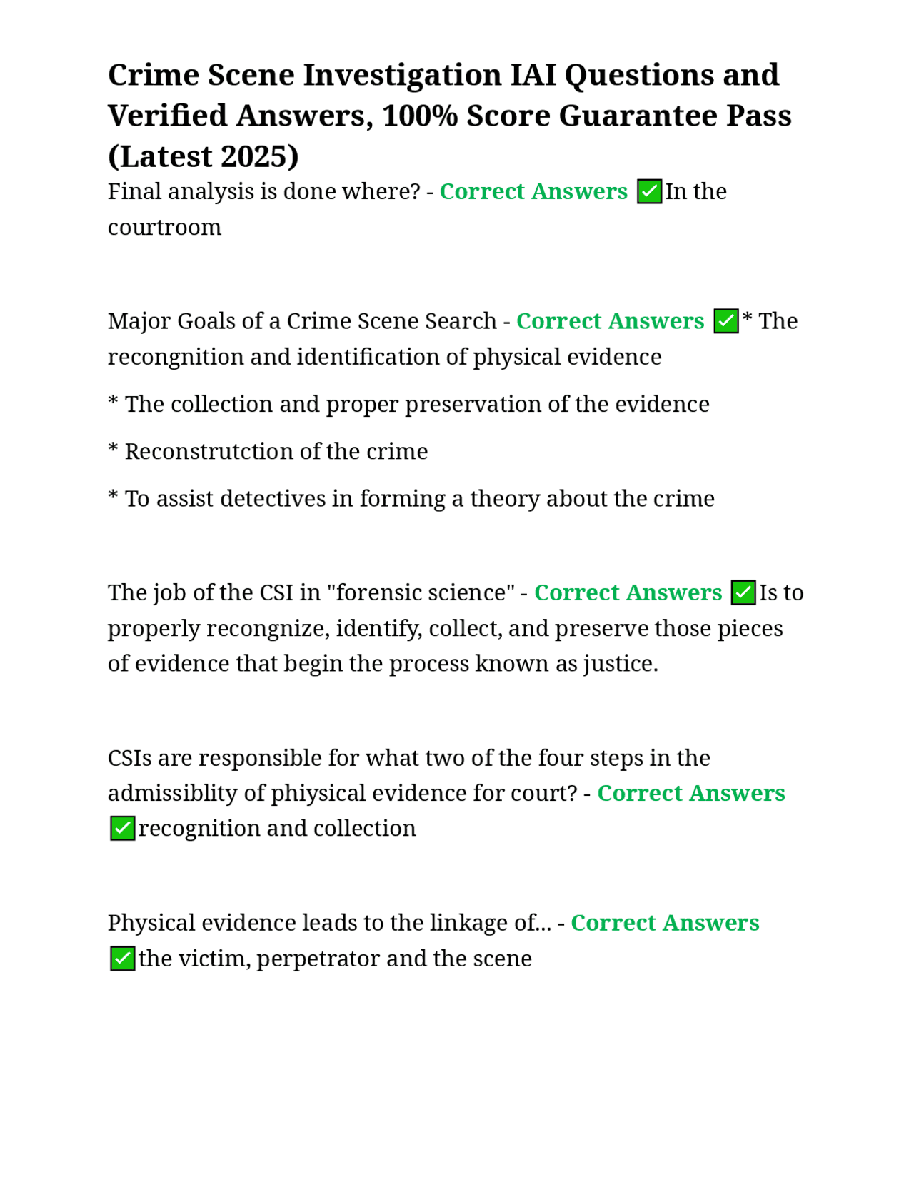 Csi Questions Crime Scene Investigation IAI Questions and Verified Answers, 100% ...