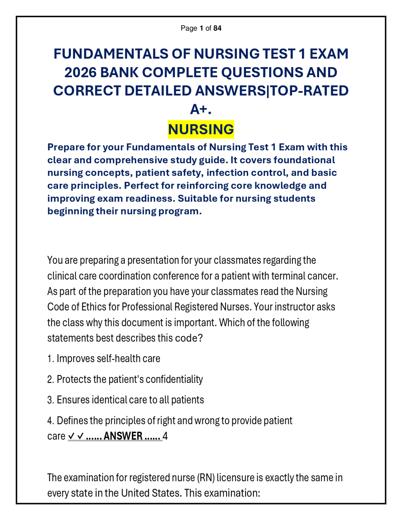 FUNDAMENTALS OF NURSING TEST 1 EXAM 2026 QUESTION AND ANSWER | Exams ...