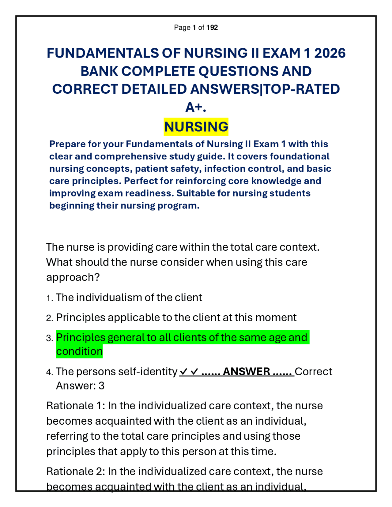 FUNDAMENTALS OF NURSING II EXAM 1 2026 QUESTION AND ANSWER | Exams ...