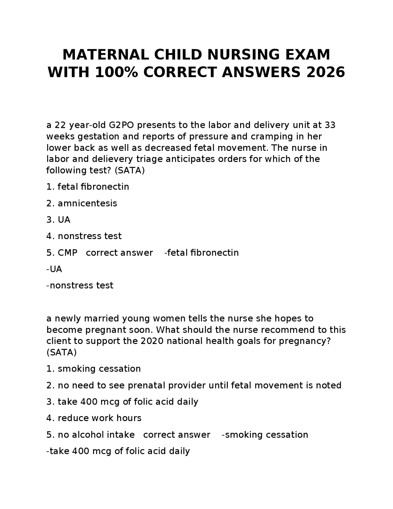 MATERNAL CHILD NURSING EXAM WITH 100% CORRECT ANSWERS 2026 | Exams ...