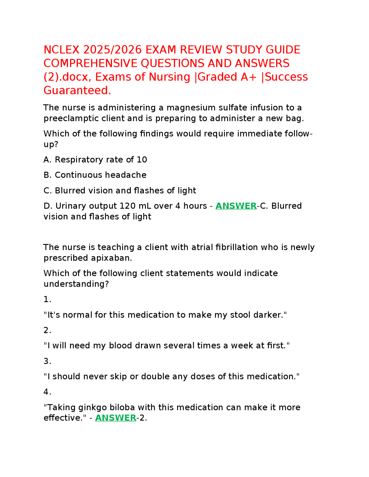 NCLEX 2025/2026 EXAM REVIEW STUDY GUIDE COMPREHENSIVE QUESTIONS AND ...