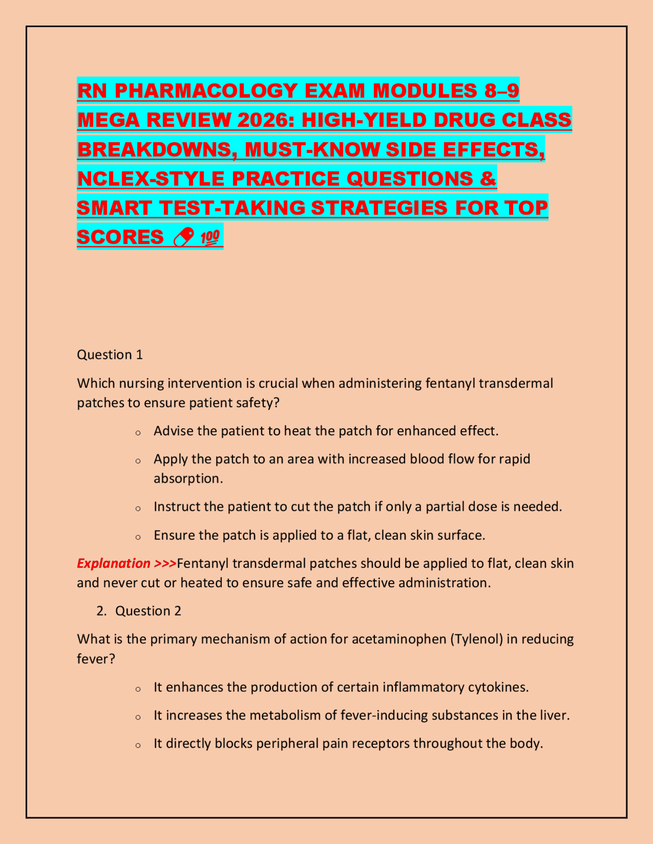RN PHARMACOLOGY EXAM MODULES 8–9 MEGA REVIEW 2026: HIGH-YIELD DRUG ...