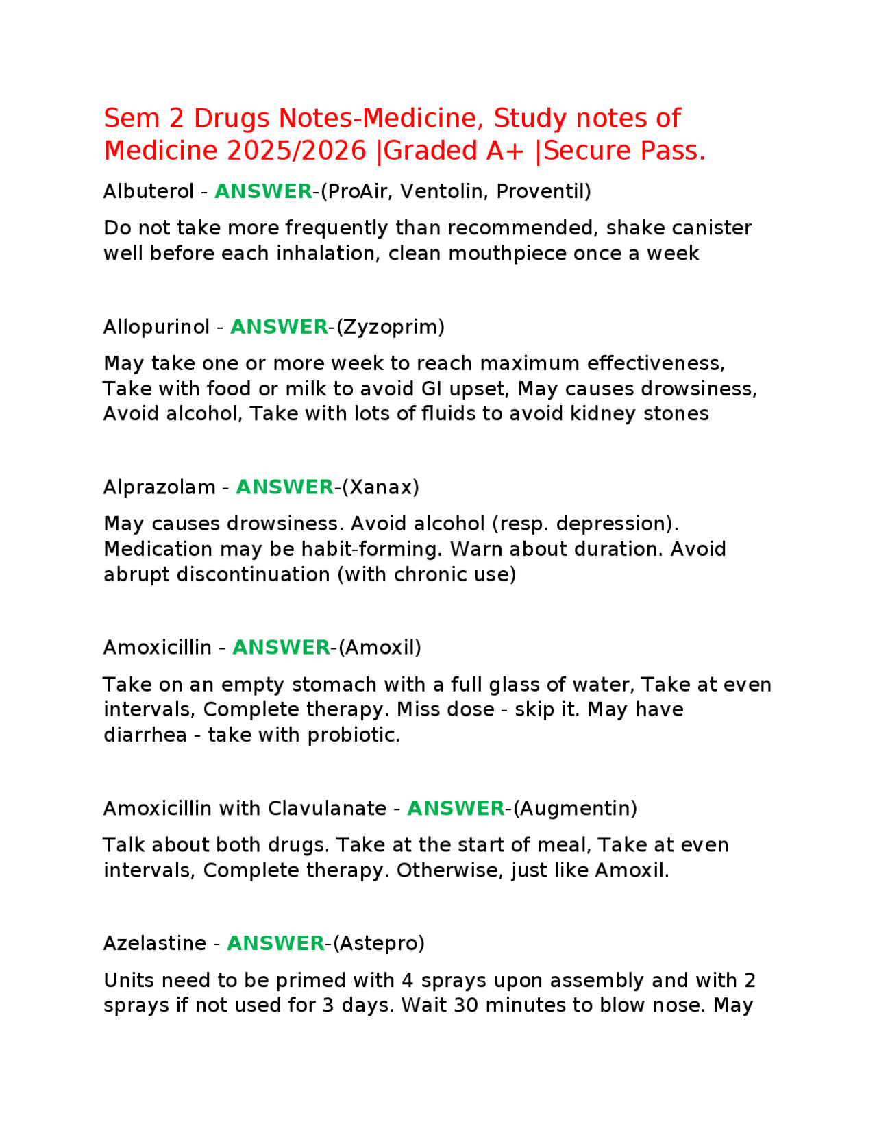 Sem 2 Drugs Notes-Medicine, Study notes of Medicine 2025/2026 |Graded ...
