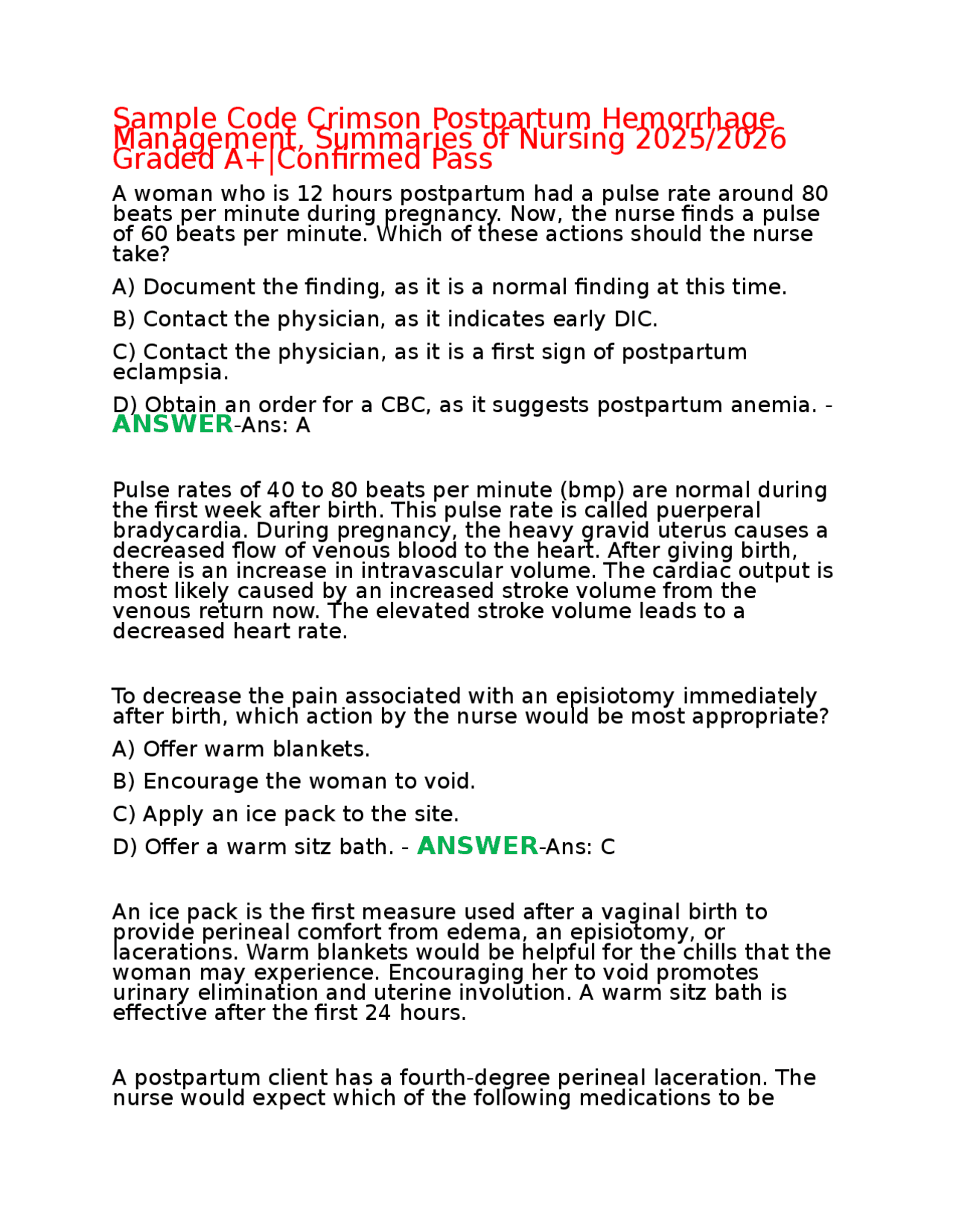 Postpartum Rvs Code Sample Code Crimson Postpartum Hemorrhage Management, Summaries of ...