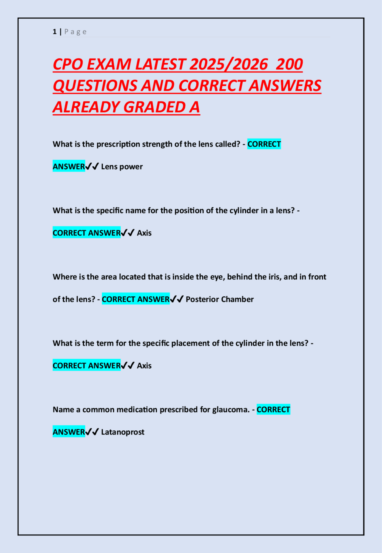 CPO EXAM LATEST 2025/2026 200 QUESTIONS AND CORRECT ANSWERS | Exams ...