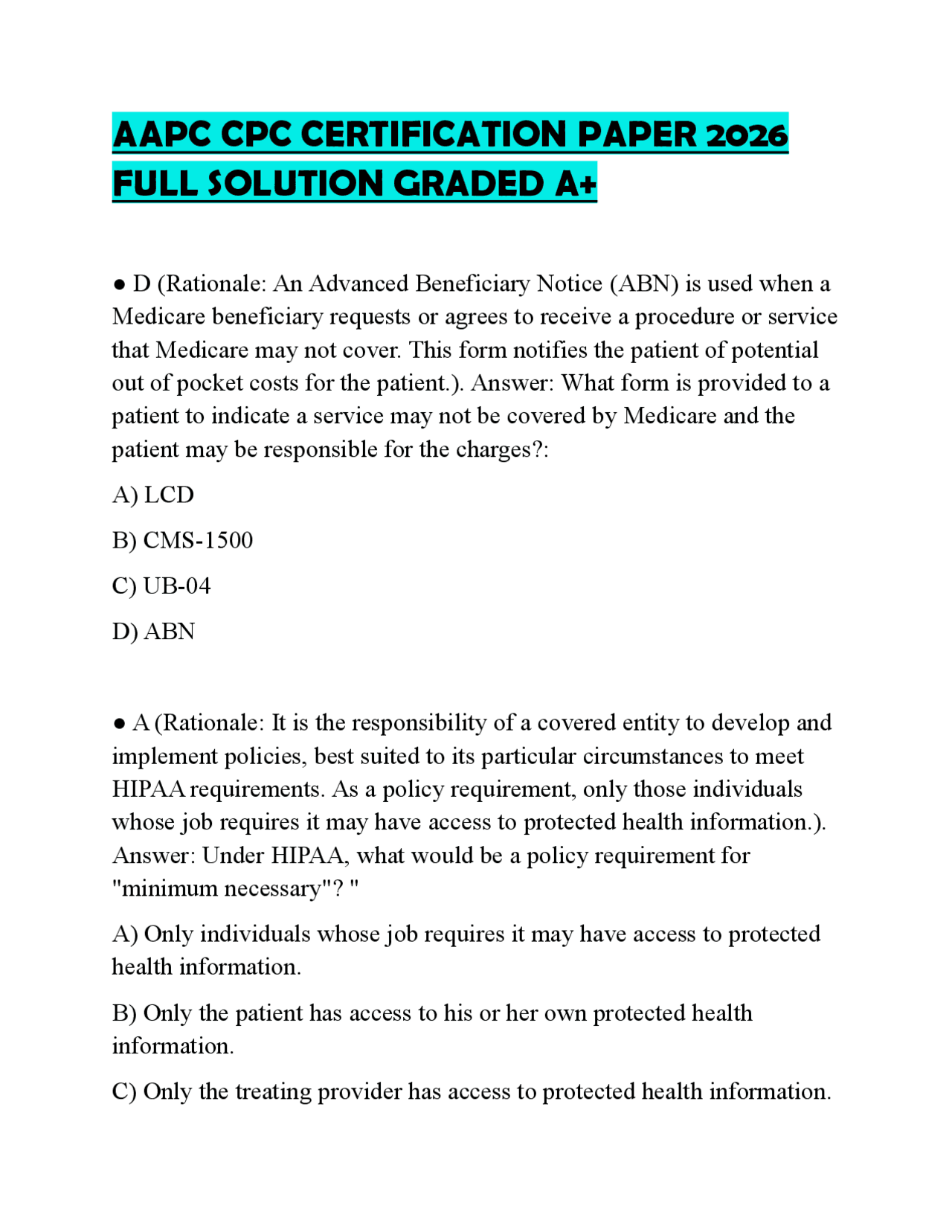 AAPC CPC CERTIFICATION PAPER 2026 FULL SOLUTION GRADED A+ | Exams ...
