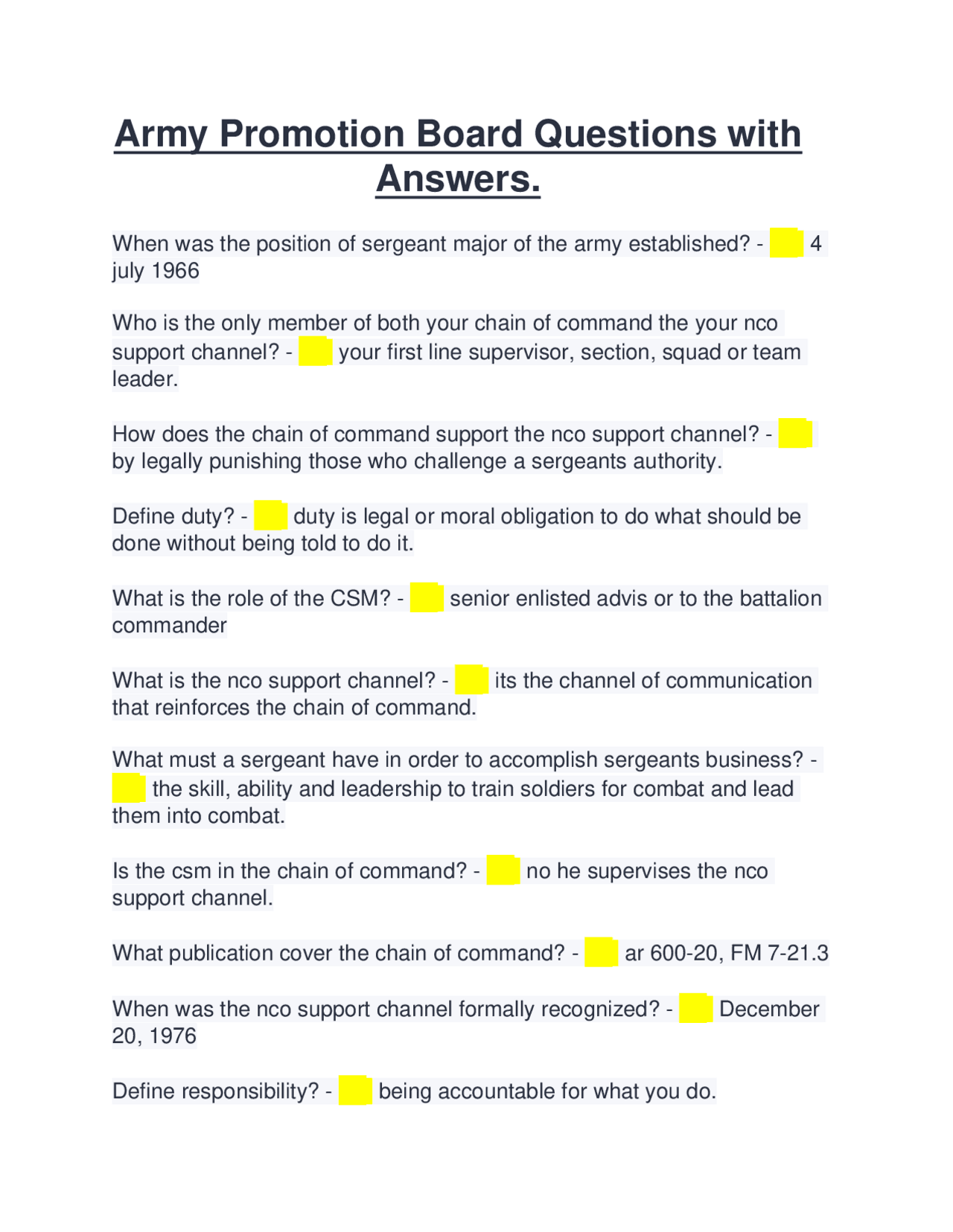 Promotion Questionnaire Army Promotion Board Questions with Answers. | Exams Military Strategy ...