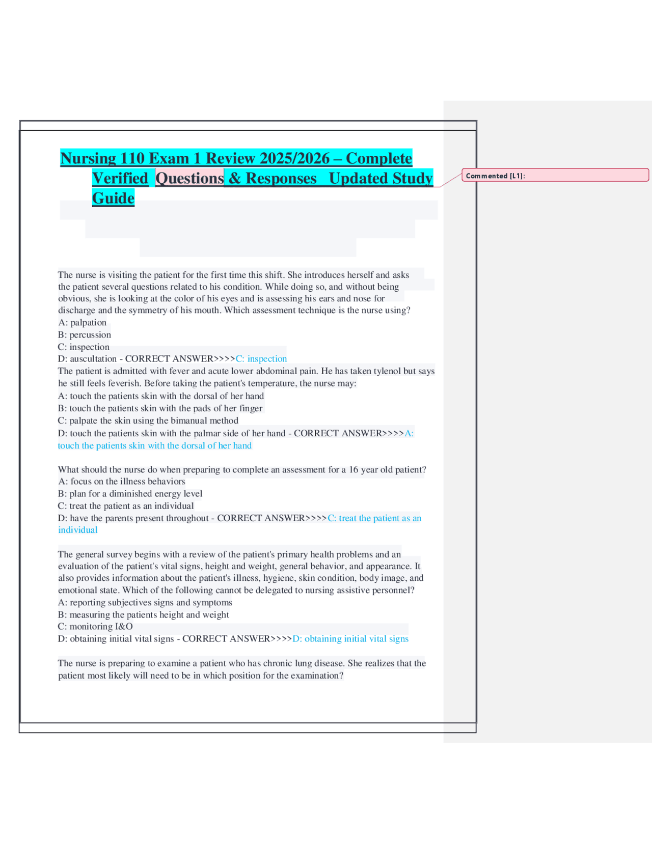 Nursing 110 Exam 1 Review 2025/2026 – Comprehensive Study Guide ...