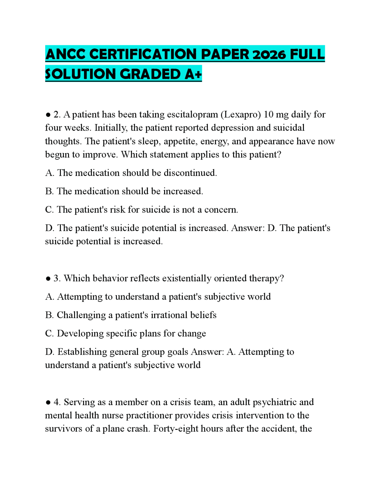 ANCC CERTIFICATION PAPER 2026 FULL SOLUTION GRADED A+ | Exams Nursing ...