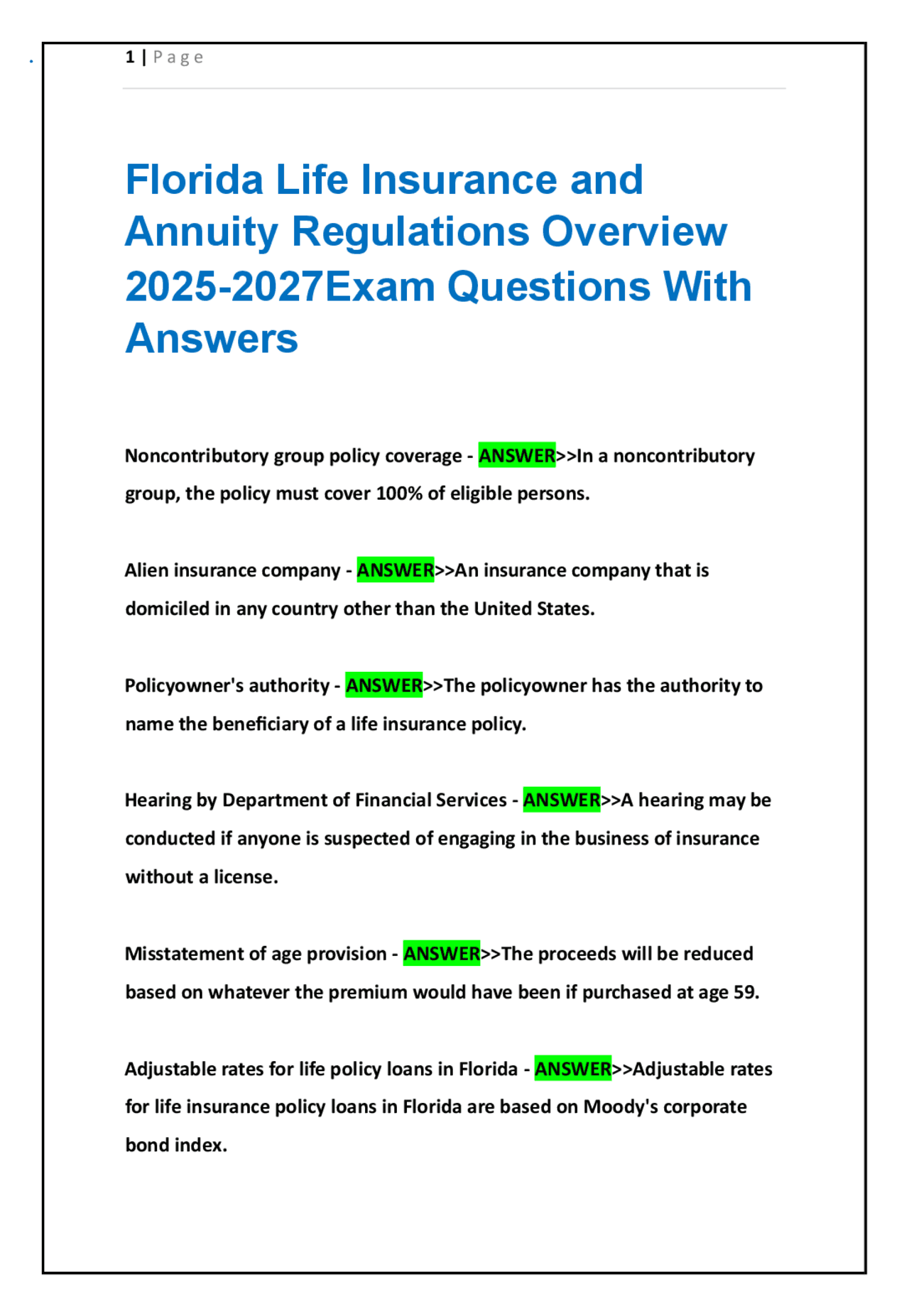 Florida Annuity Example Florida Life Insurance and Annuity Regulations Overview 2025-2027Exam ...