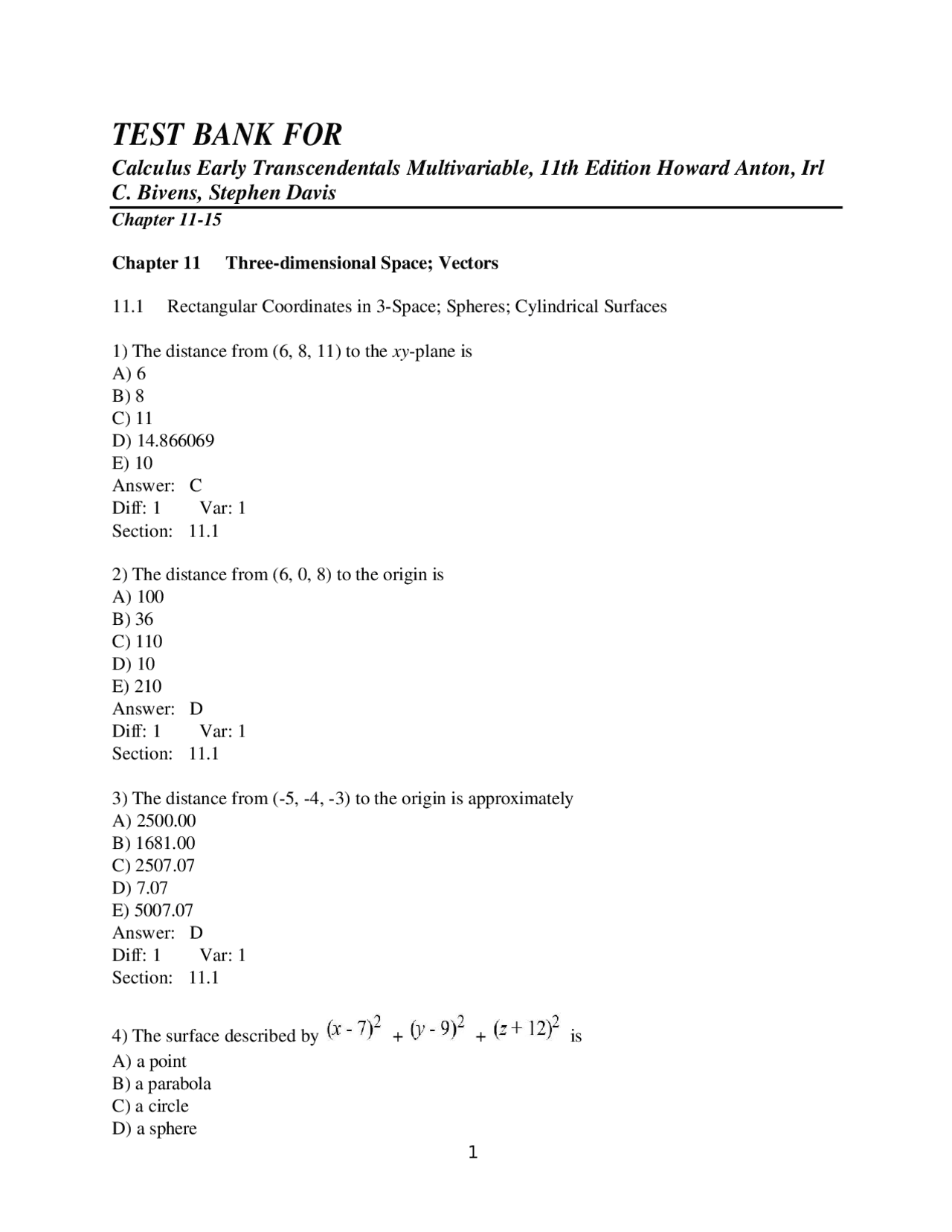 Test Bank Calculus Early Transcendentals Multivariable 11th Edition ...