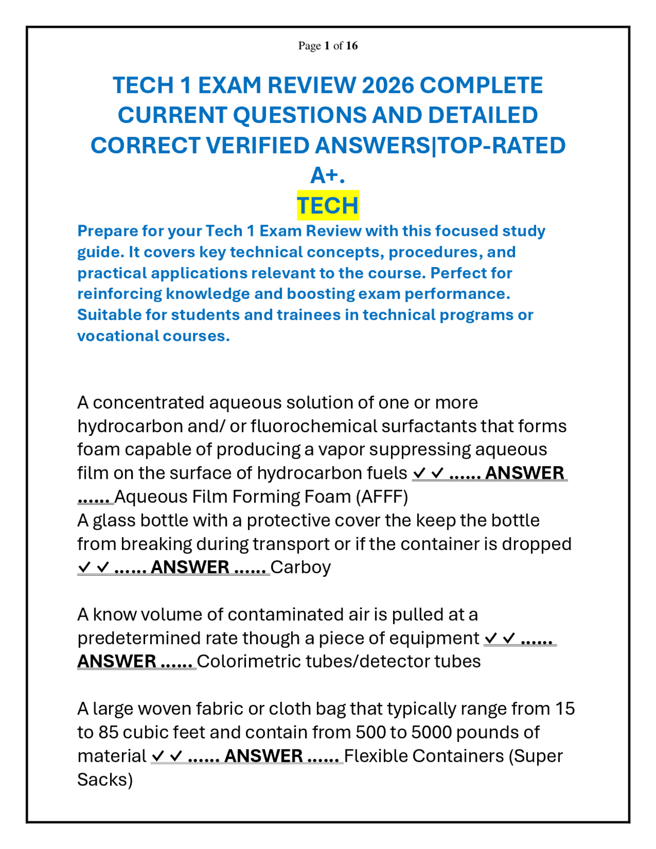 TECH 1 EXAM REVIEW 2026 QUESTION AND ANSWER | Exams Teaching method ...