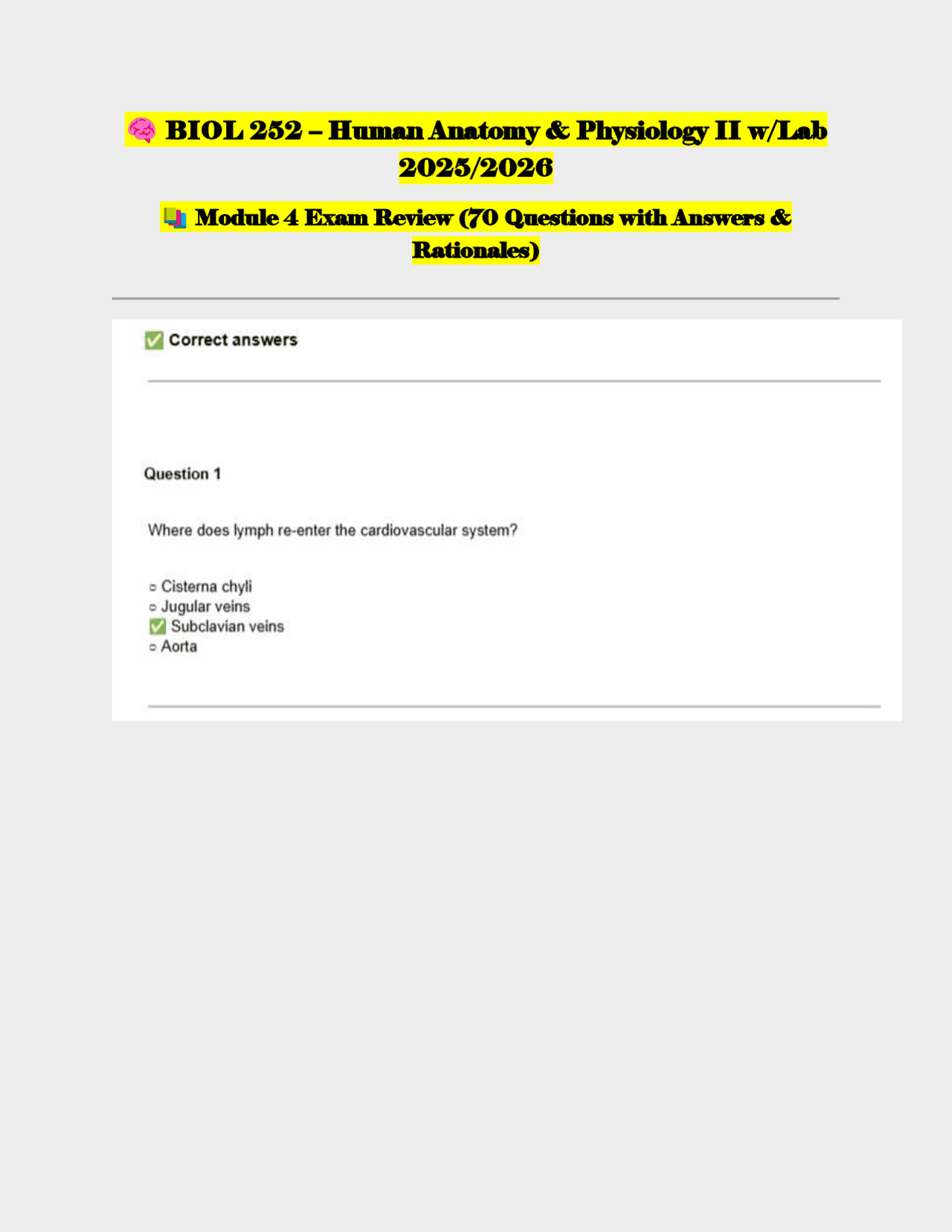 BIOL 252 – Human Anatomy & Physiology II w/Lab 2025/2026 -Module 4 Exam ...