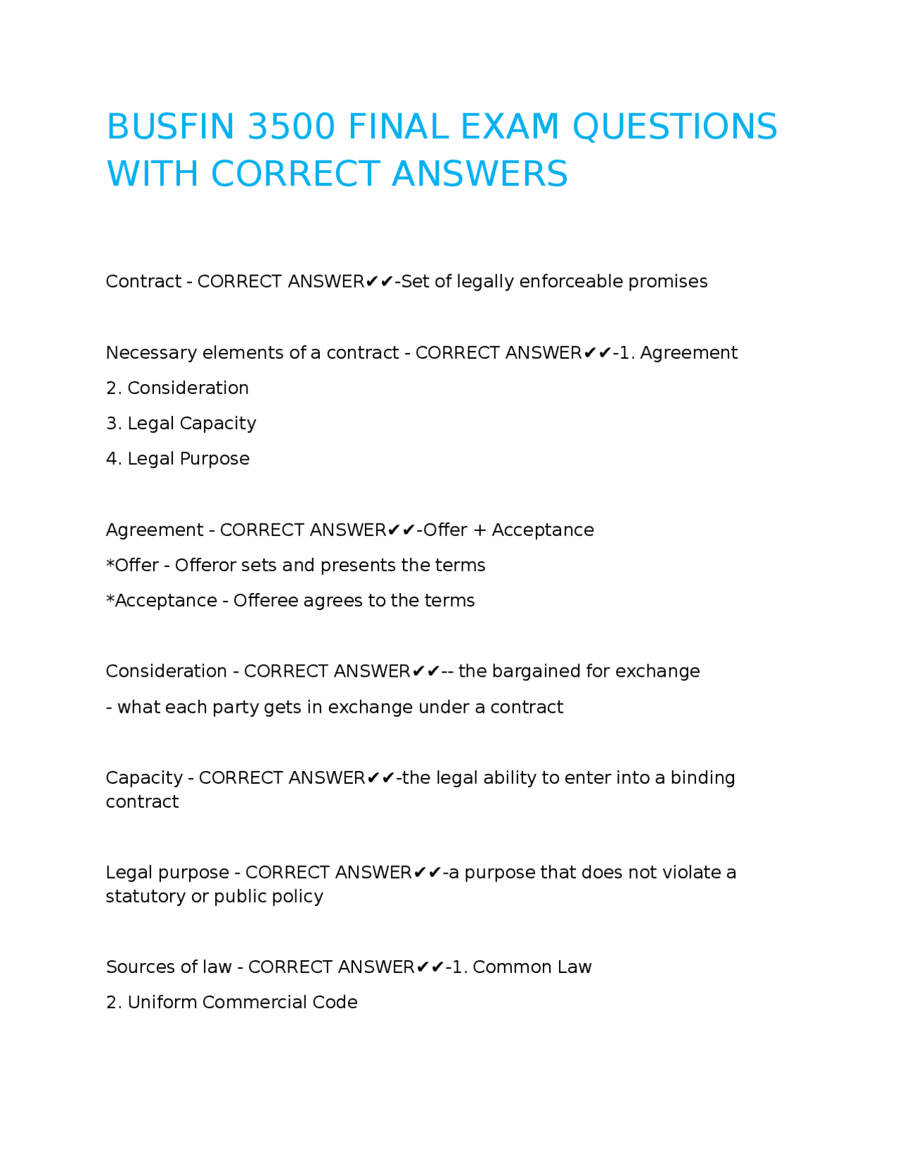 BUSFIN 3500 FINAL EXAM QUESTIONS WITH CORRECT ANSWERS | Exams Law | Docsity