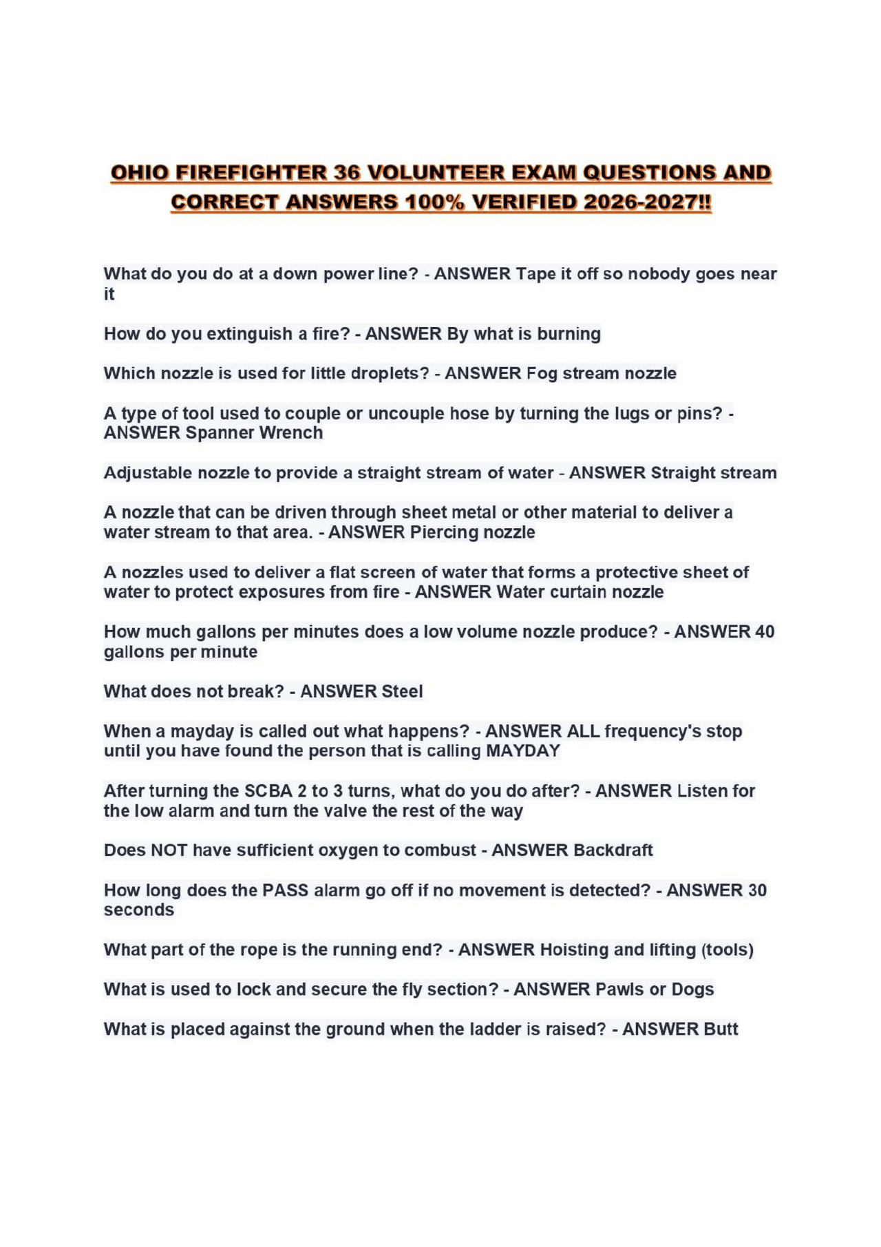 OHIO FIREFIGHTER 36 VOLUNTEER EXAM QUESTIONS AND CORRECT ANSWERS 100% ...