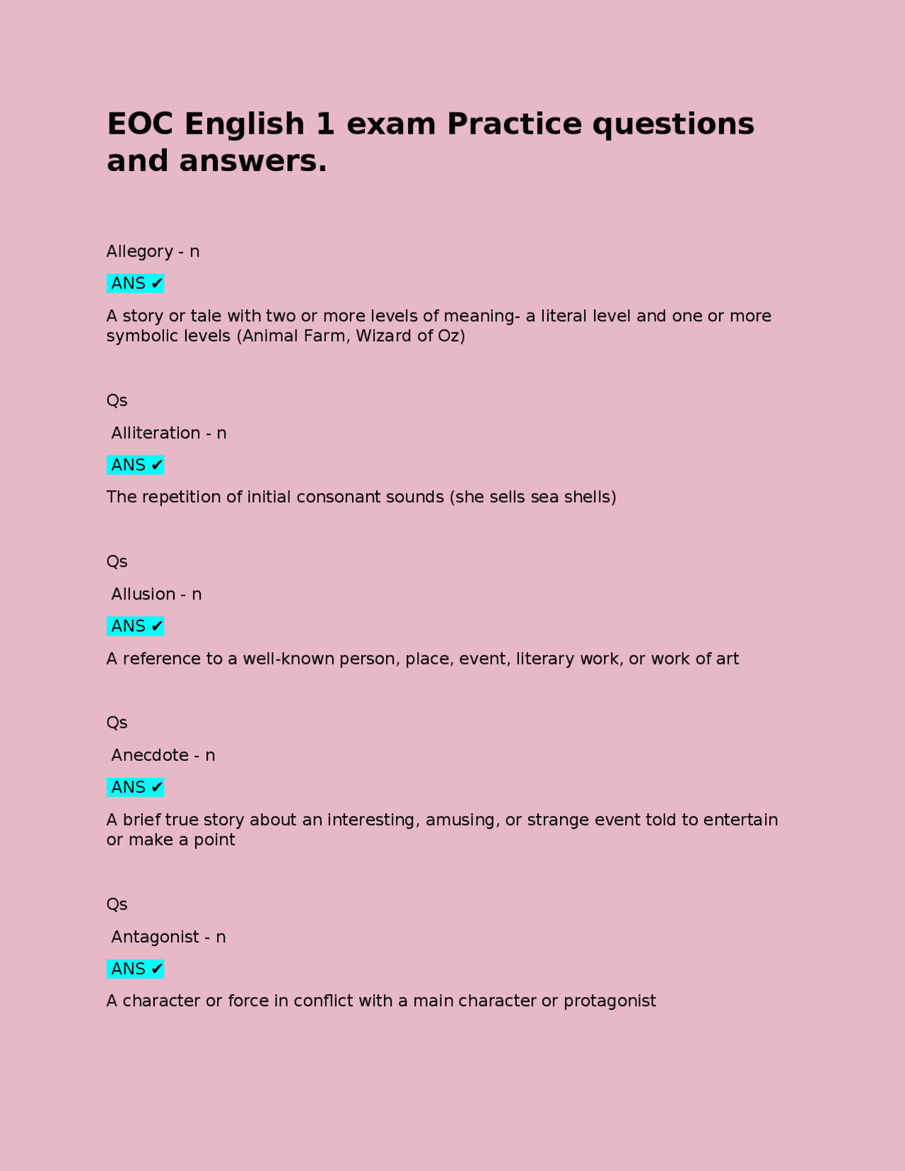 EOC English 1 exam Practice questions and answers. Allegory - n ANS A ...