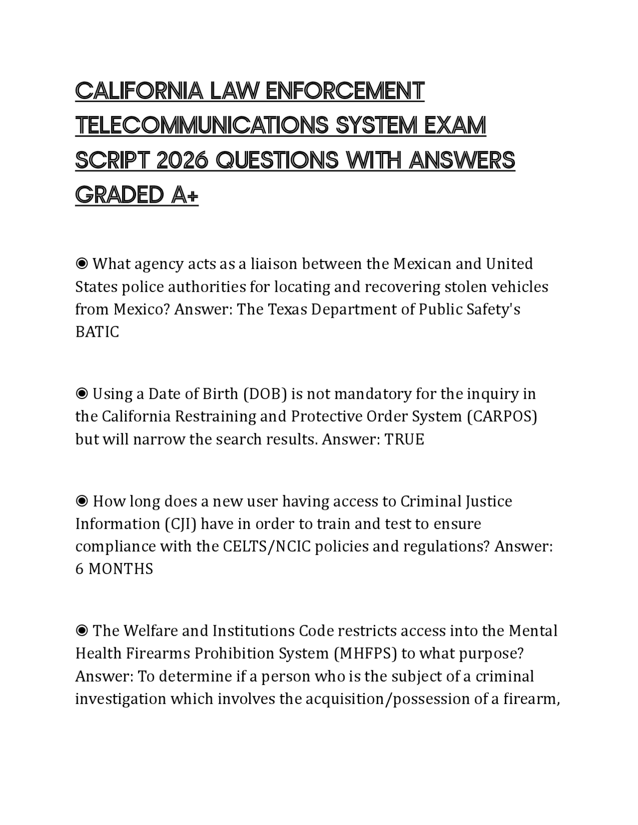 Police Legal Script CALIFORNIA LAW ENFORCEMENT TELECOMMUNICATIONS SYSTEM EXAM SCRIPT 2026 ...