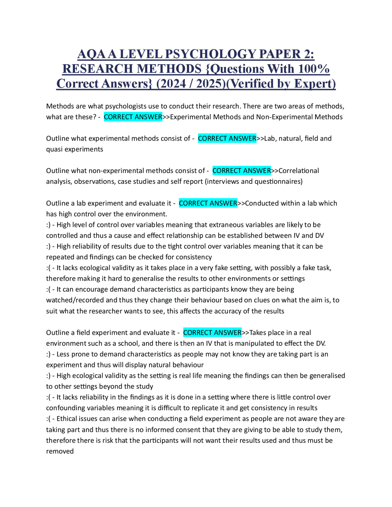 AQA A LEVEL PSYCHOLOGY PAPER 2: RESEARCH METHODS {Questions With 100% ...