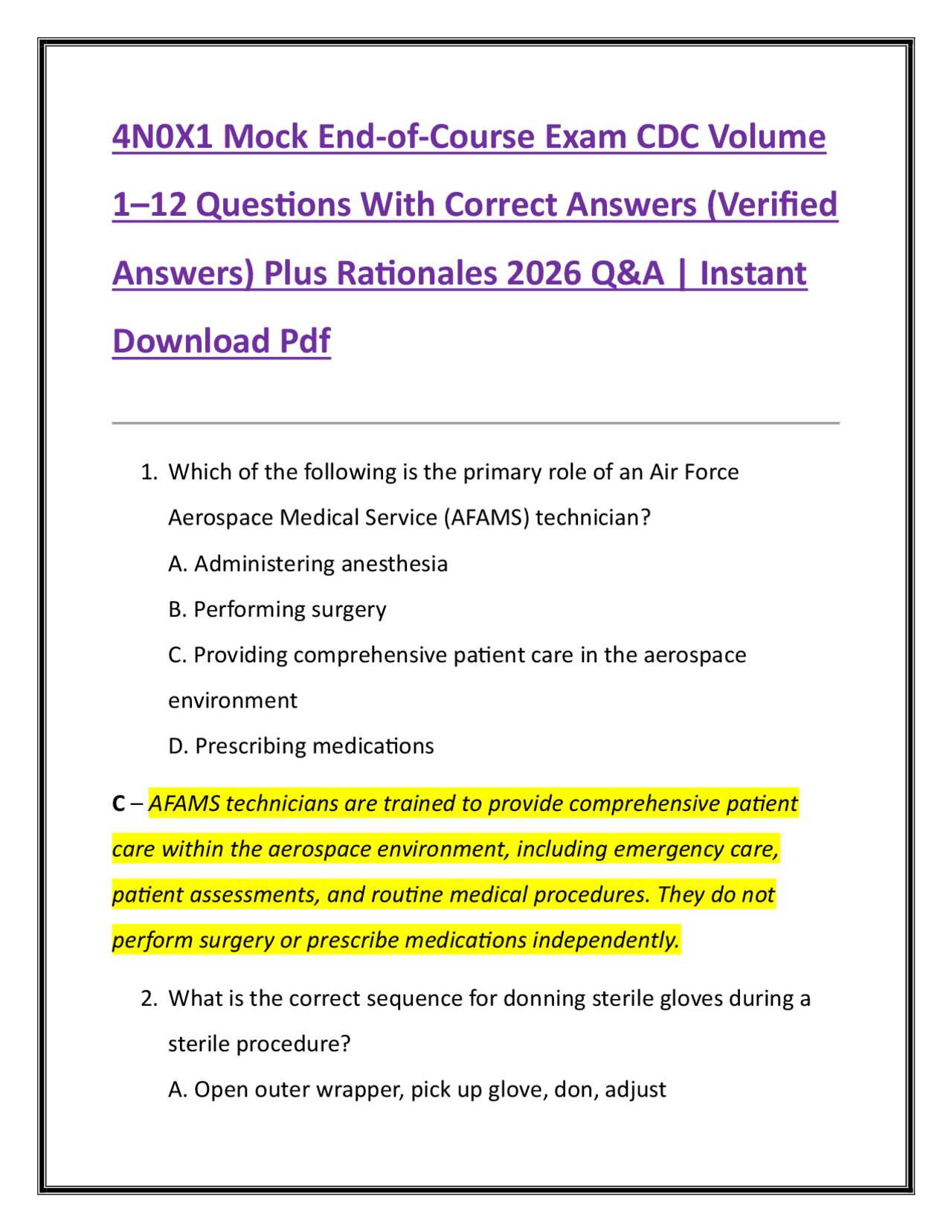Cdc's Sample Questions 4N0X1 Mock End-of-Course Exam CDC Volume 1–12 Questions With Correct ...