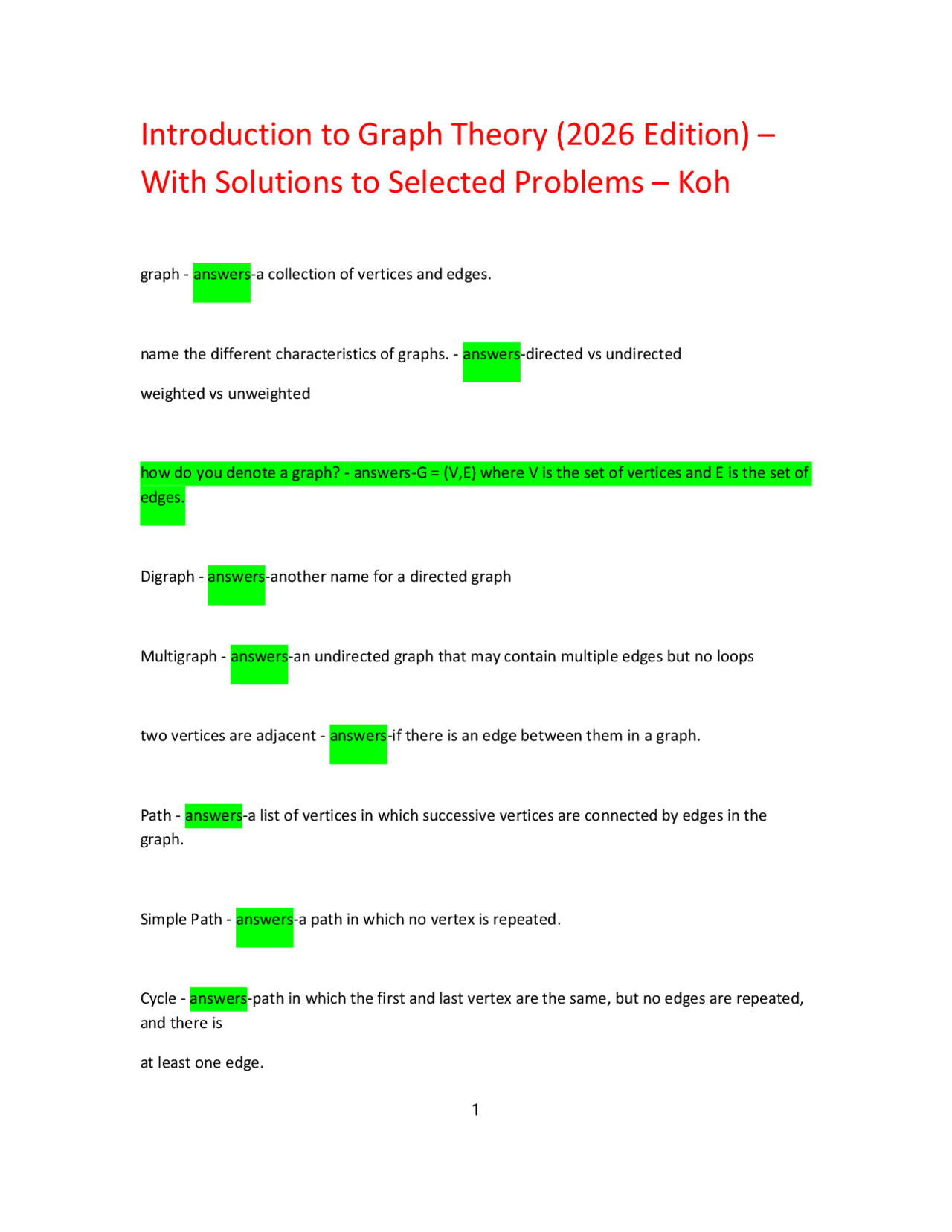 TestBank Introduction to Graph Theory (2026 Edition) by Koh - Solutions ...