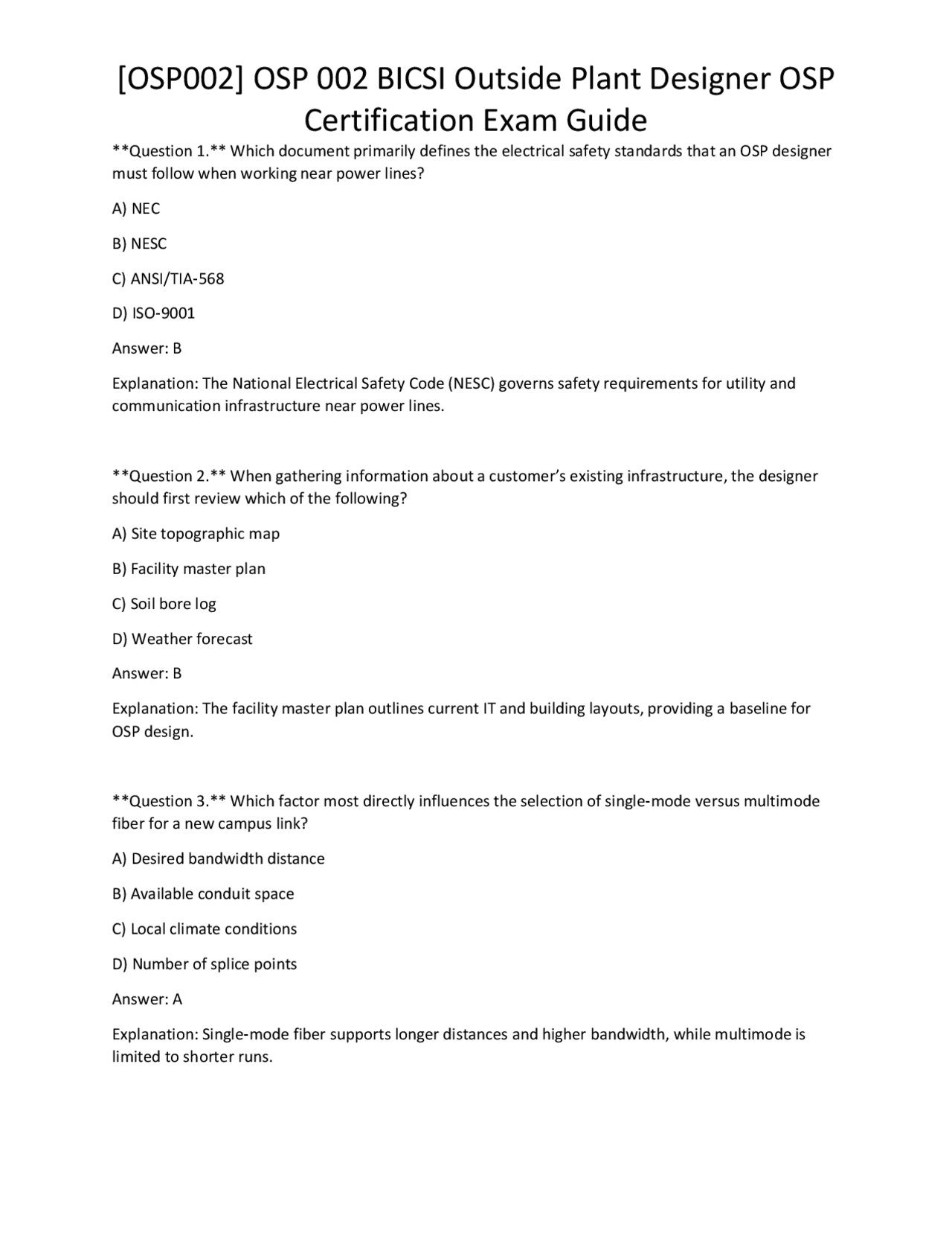 [OSP002] OSP 002 BICSI Outside Plant Designer OSP Certification Exam ...
