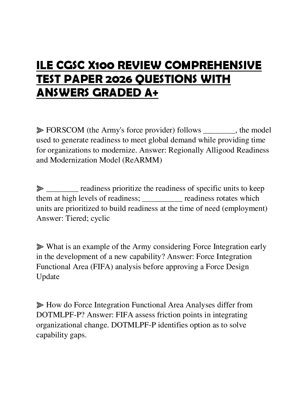 ILE CGSC X100 REVIEW COMPREHENSIVE TEST PAPER 2026 QUESTIONS WITH ...
