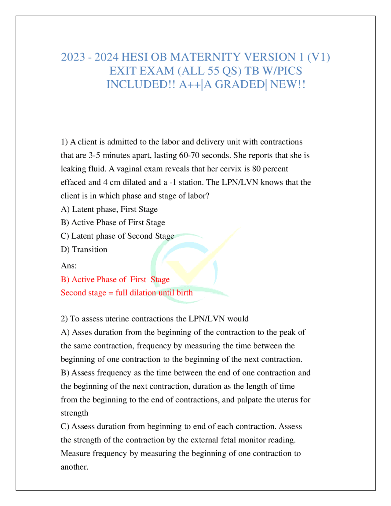 HESI OB MATERNITY VERSION 1 (V1) EXIT EXAM (ALL 55 QS) TB W/PICS ...
