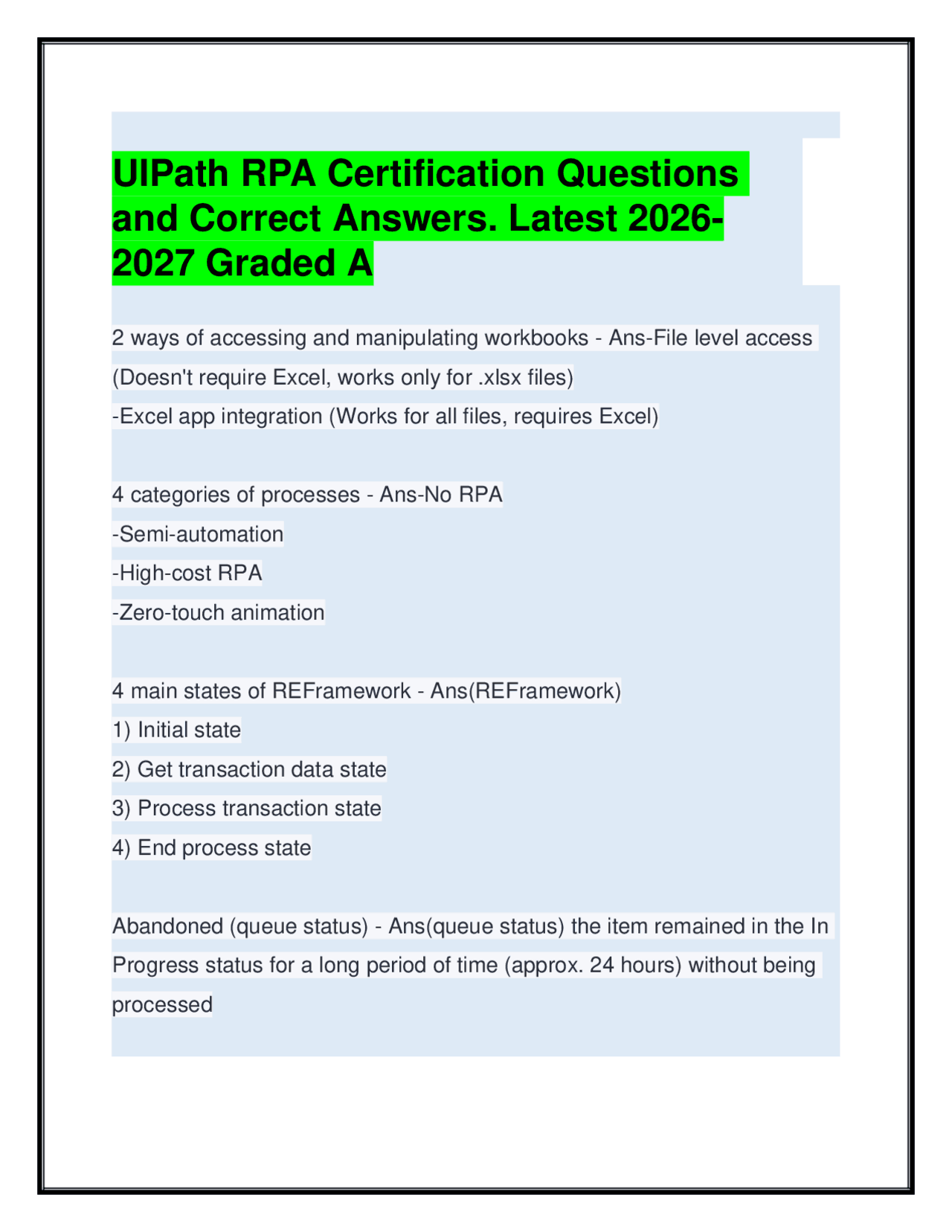 UIPath RPA Certification Questions & Answers. Latest 2026-2027 Graded A ...