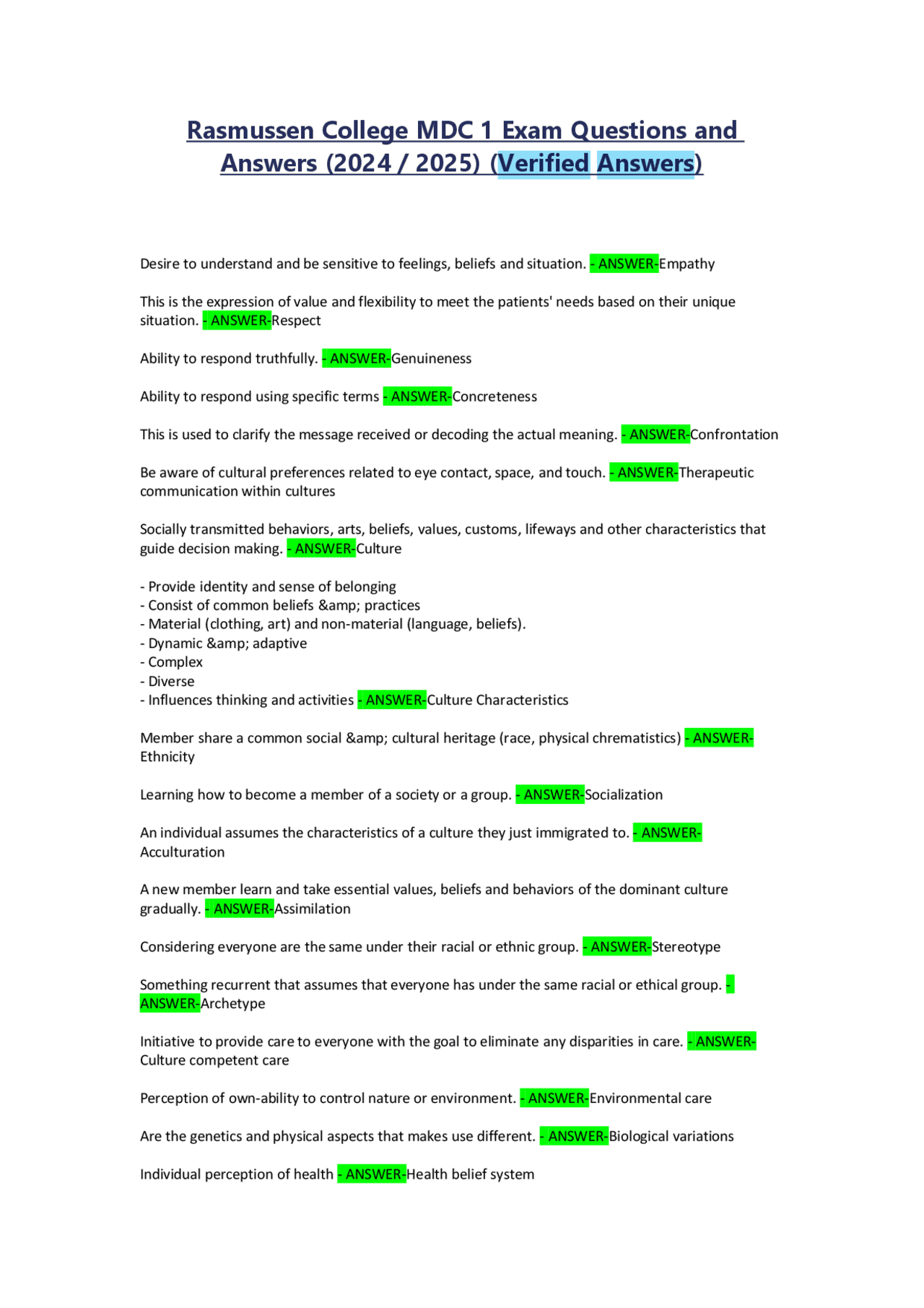 Rasmussen College MDC 1 Exam Questions and Answers (2024 / 2025 ...