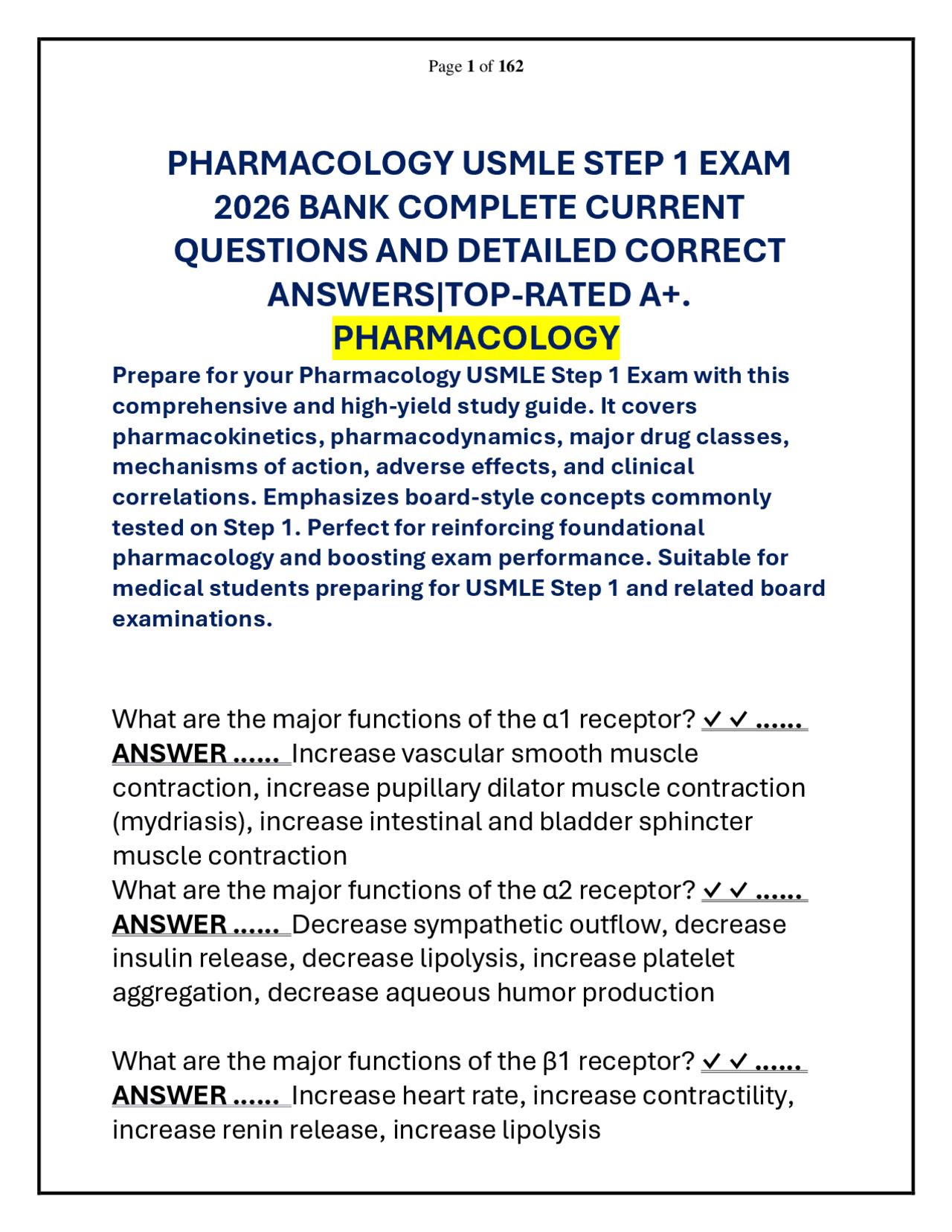 PHARMACOLOGY USMLE STEP 1 EXAM 2026 QUESTION AND ANSWER | Exams Nursing ...