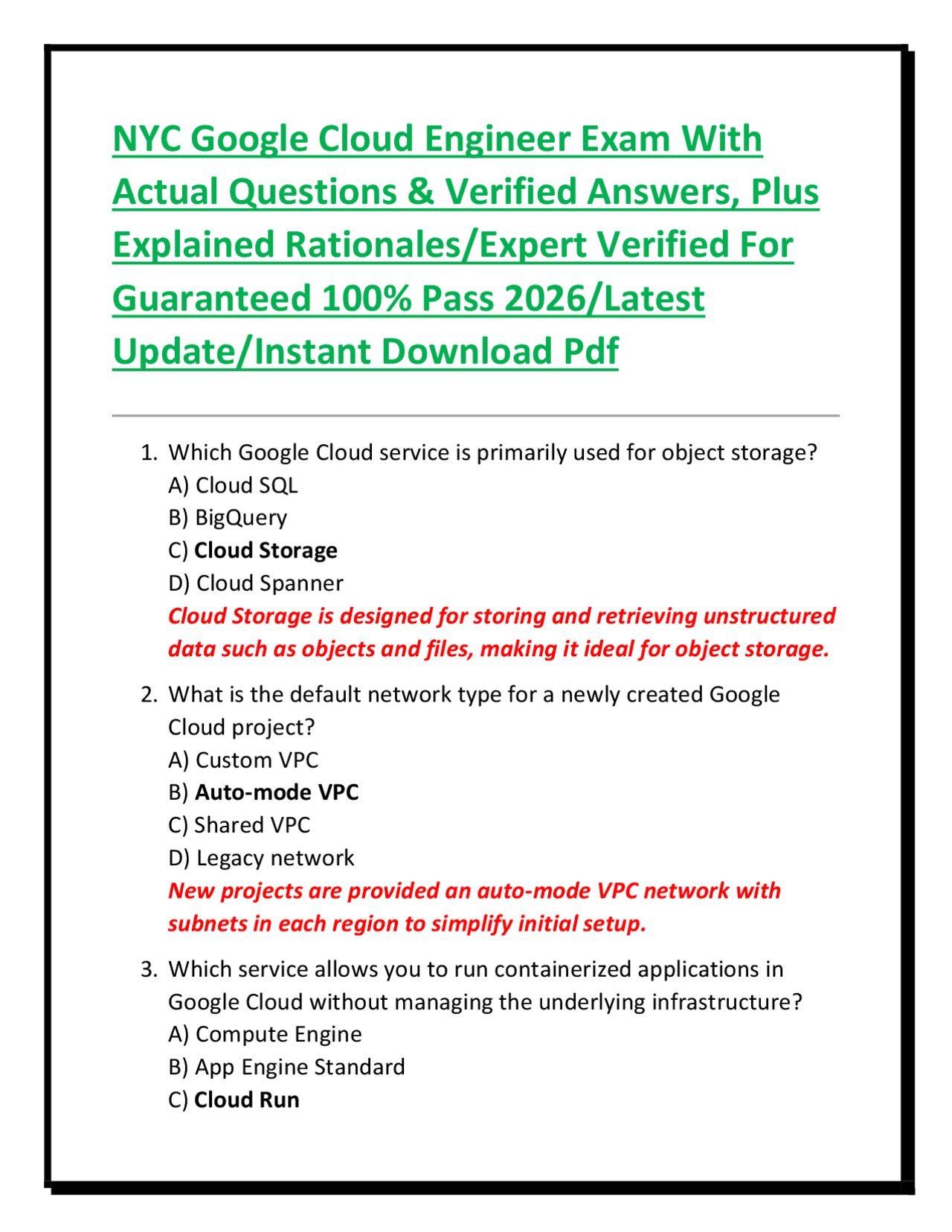 NYC Google Cloud Engineer Exam With Actual Questions & Verified Answers ...