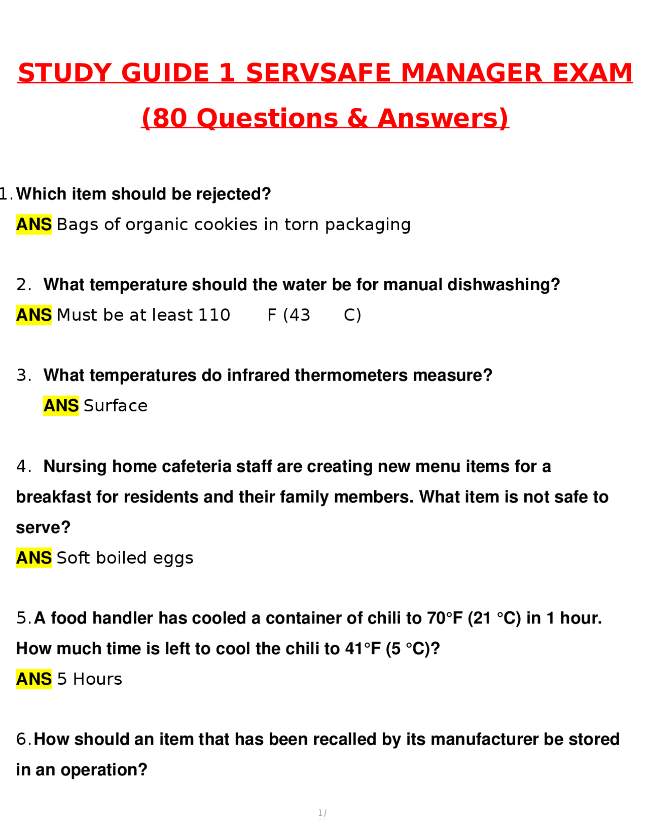 ServSafe Manager Exam (80 Questions) STUDY GUIDE 1 2026 Questions and ...