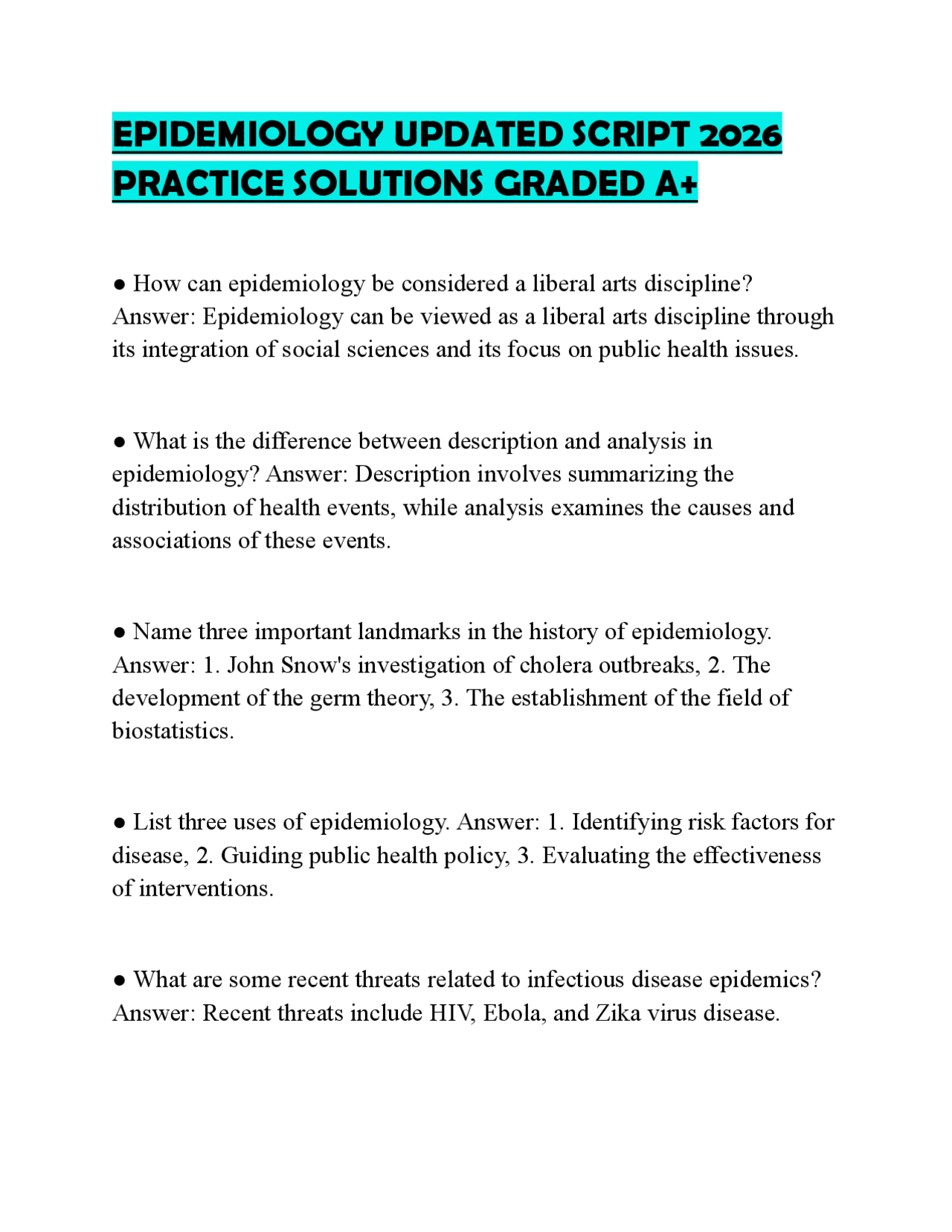 EPIDEMIOLOGY UPDATED SCRIPT 2026 PRACTICE SOLUTIONS GRADED A+ | Exams ...