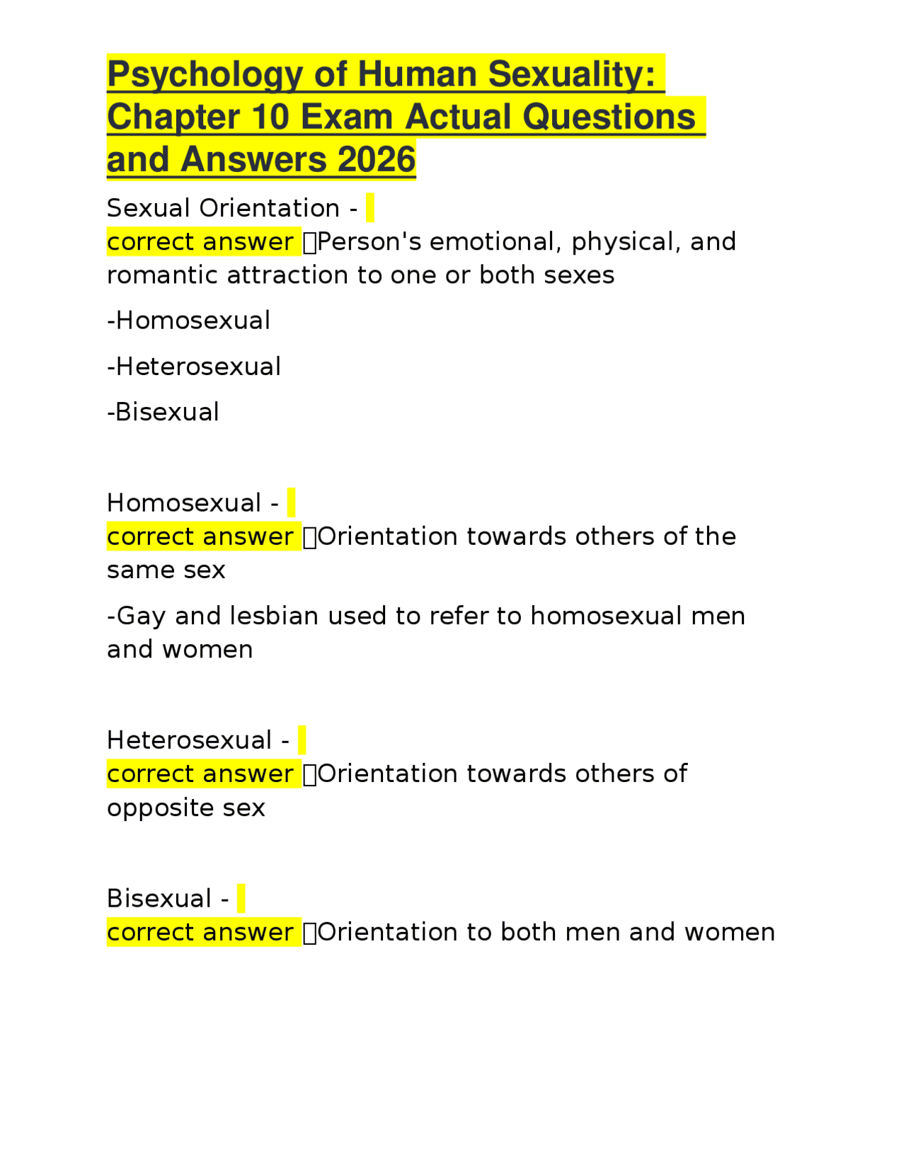 Psychology of Human Sexuality: Chapter 10 Exam Actual Questions and ...