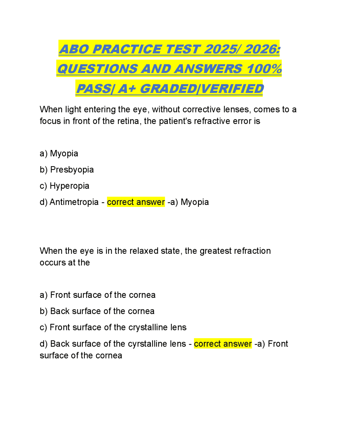 ABO PRACTICE TEST 2025/ 2026: QUESTIONS AND ANSWERS 100% PASS| A+ ...