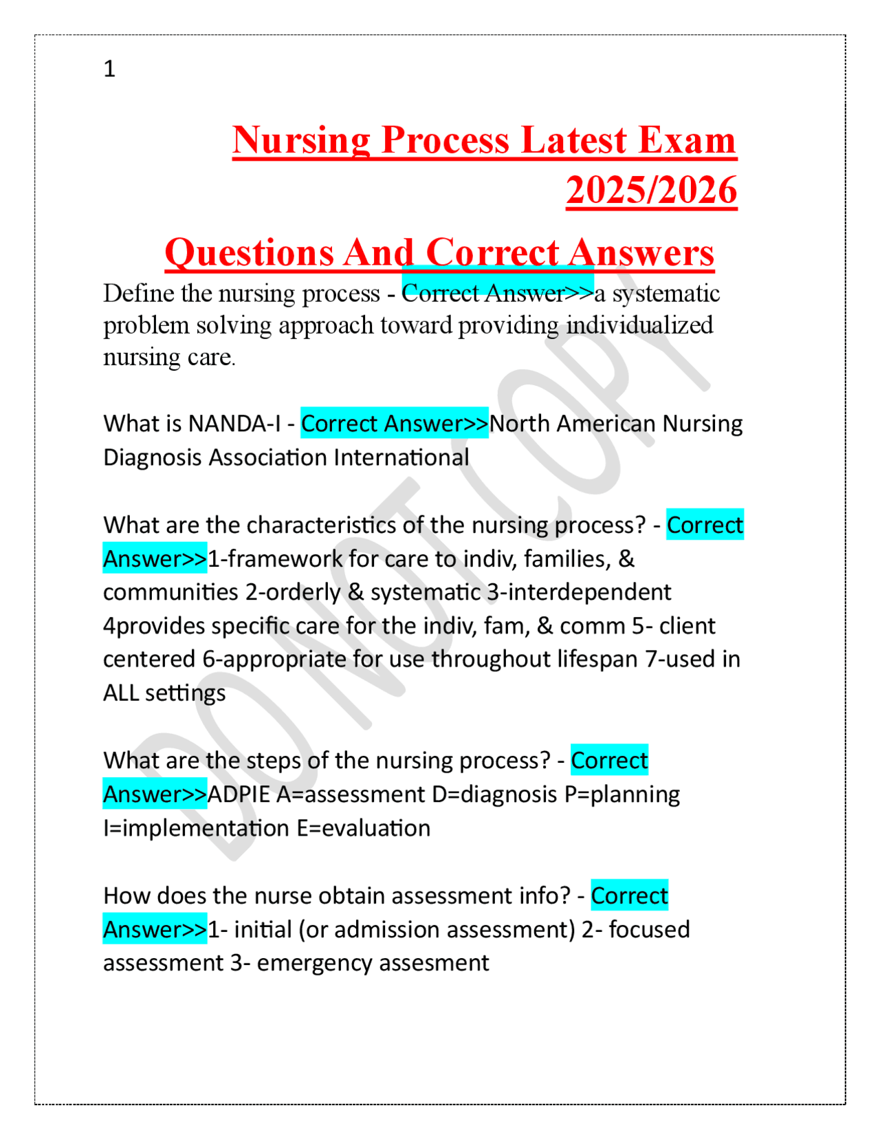 Nursing Process Latest Exam 2025/2026 Questions And Correct Answers ...