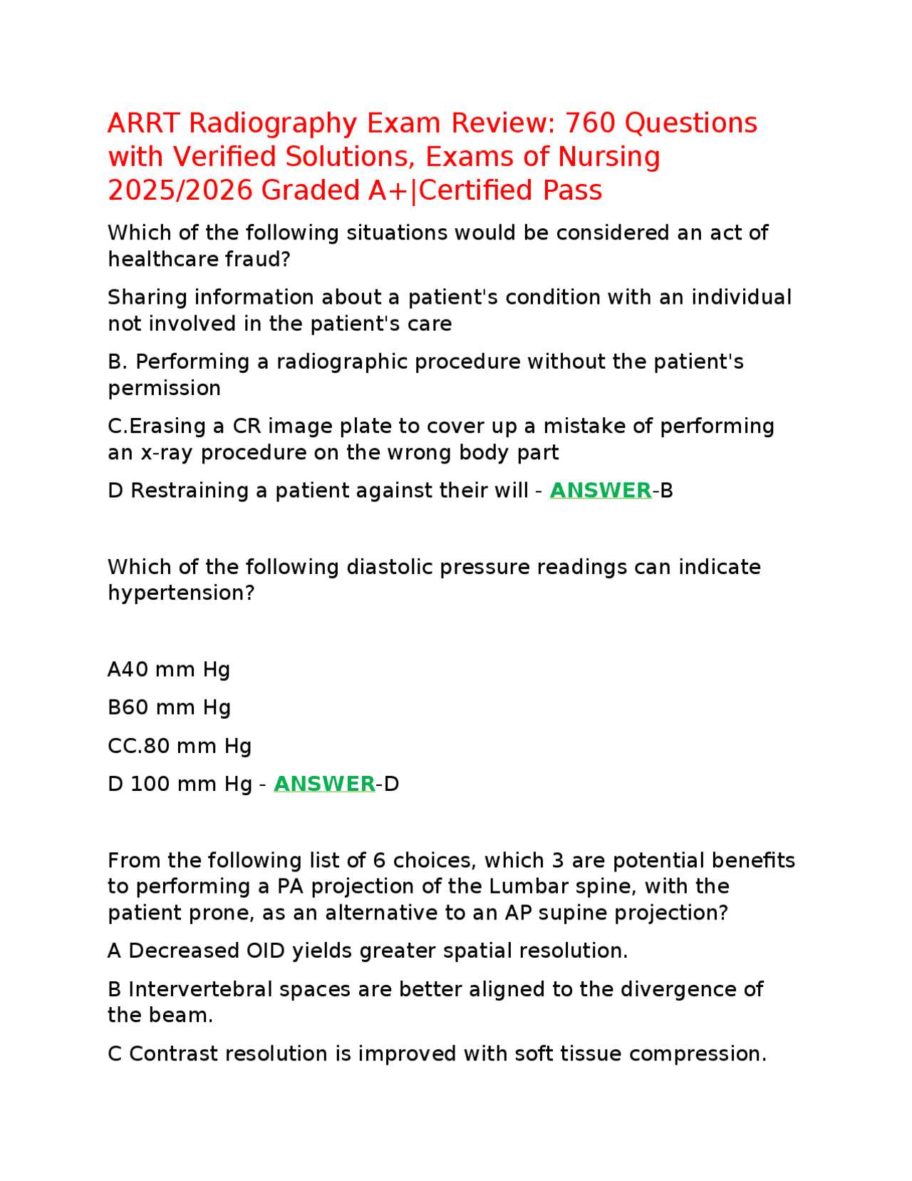 ARRT Radiography Exam Review: 760 Questions with Verified Solutions ...