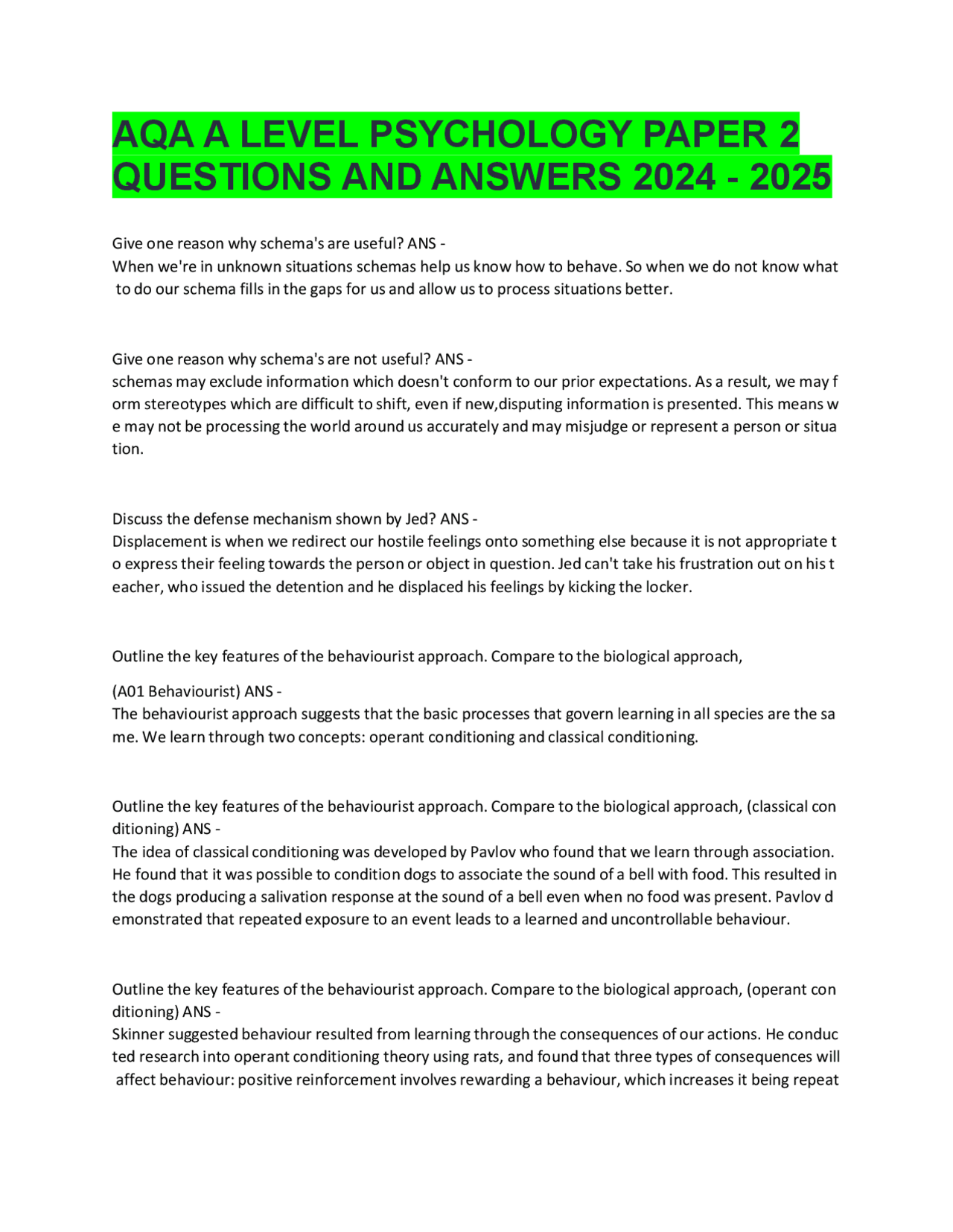 AQA A LEVEL PSYCHOLOGY PAPER 2 QUESTIONS AND ANSWERS 2024 - 2025 ...