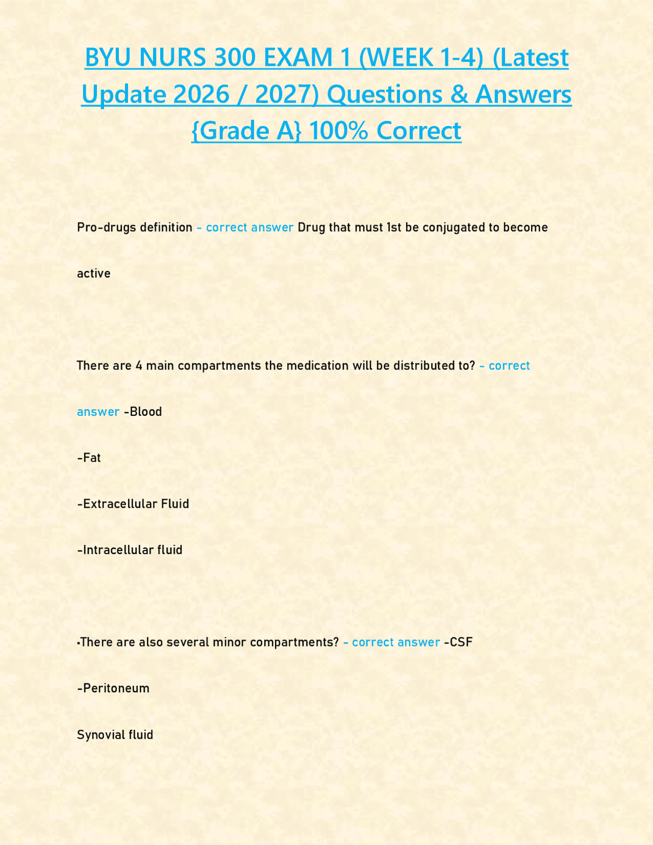 BYU NURS 300 EXAM 1 (WEEK 1-4) (Latest Update 2026 / 2027) Questions ...