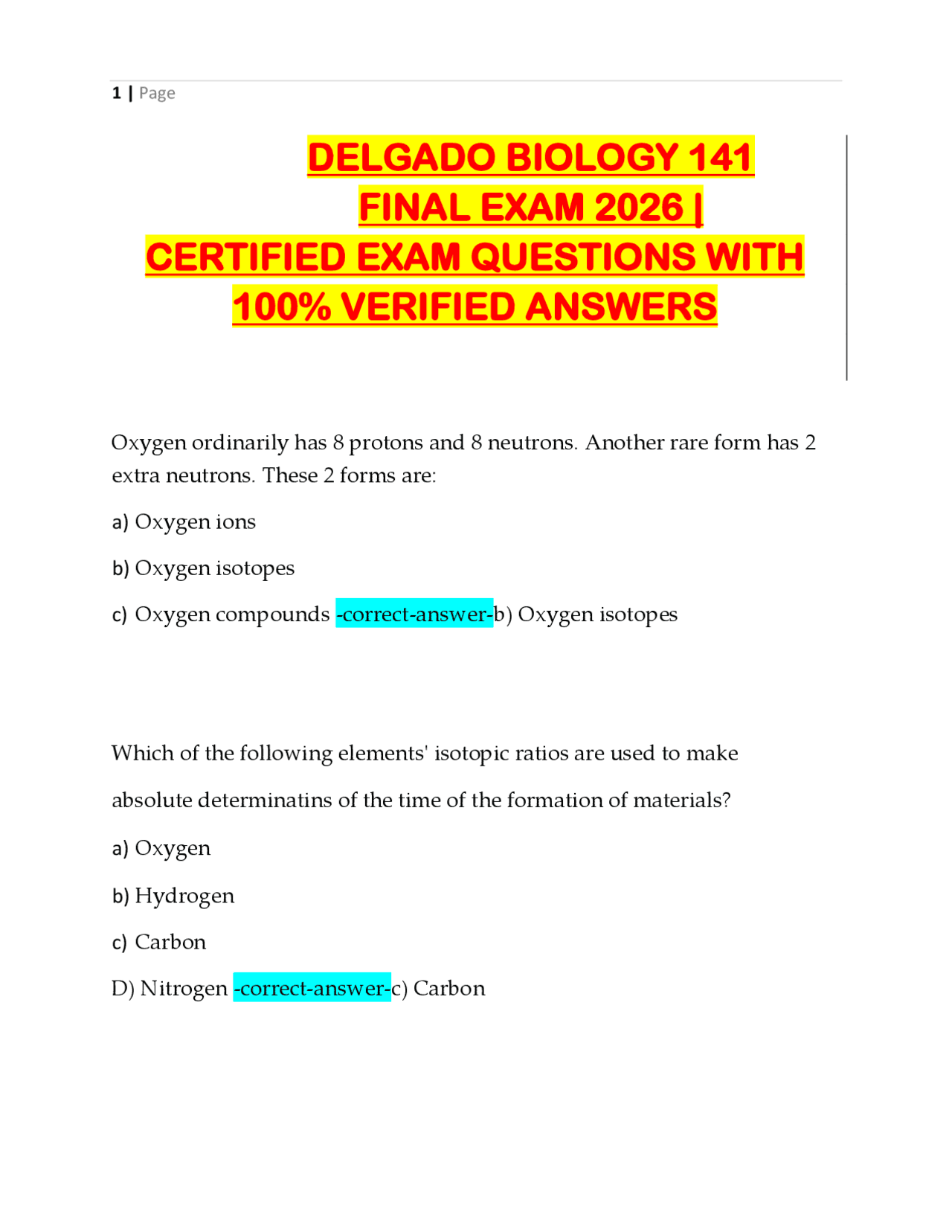 BIOL 141 Final Exam 2026/2027 – Delgado Biology Comprehensive Q&A ...