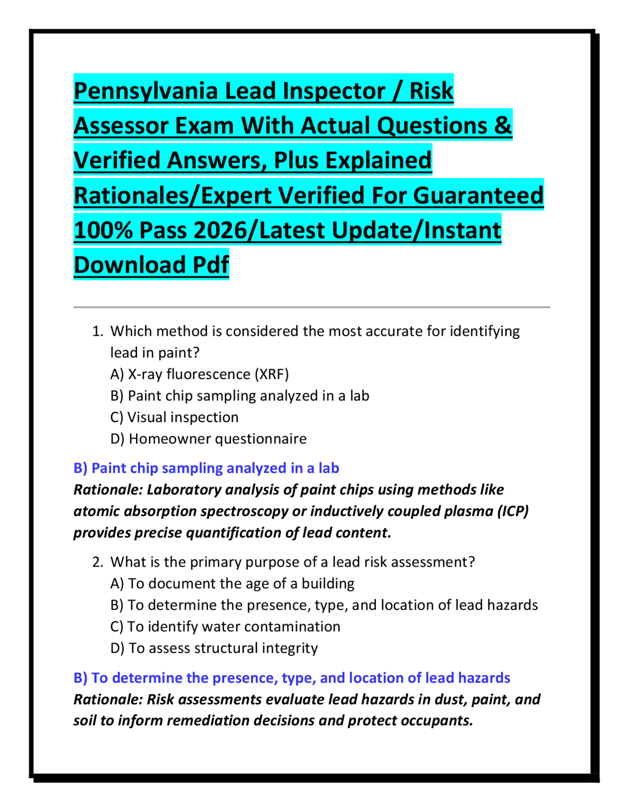 Pennsylvania Lead Inspector / Risk Assessor Exam With Actual Questions ...