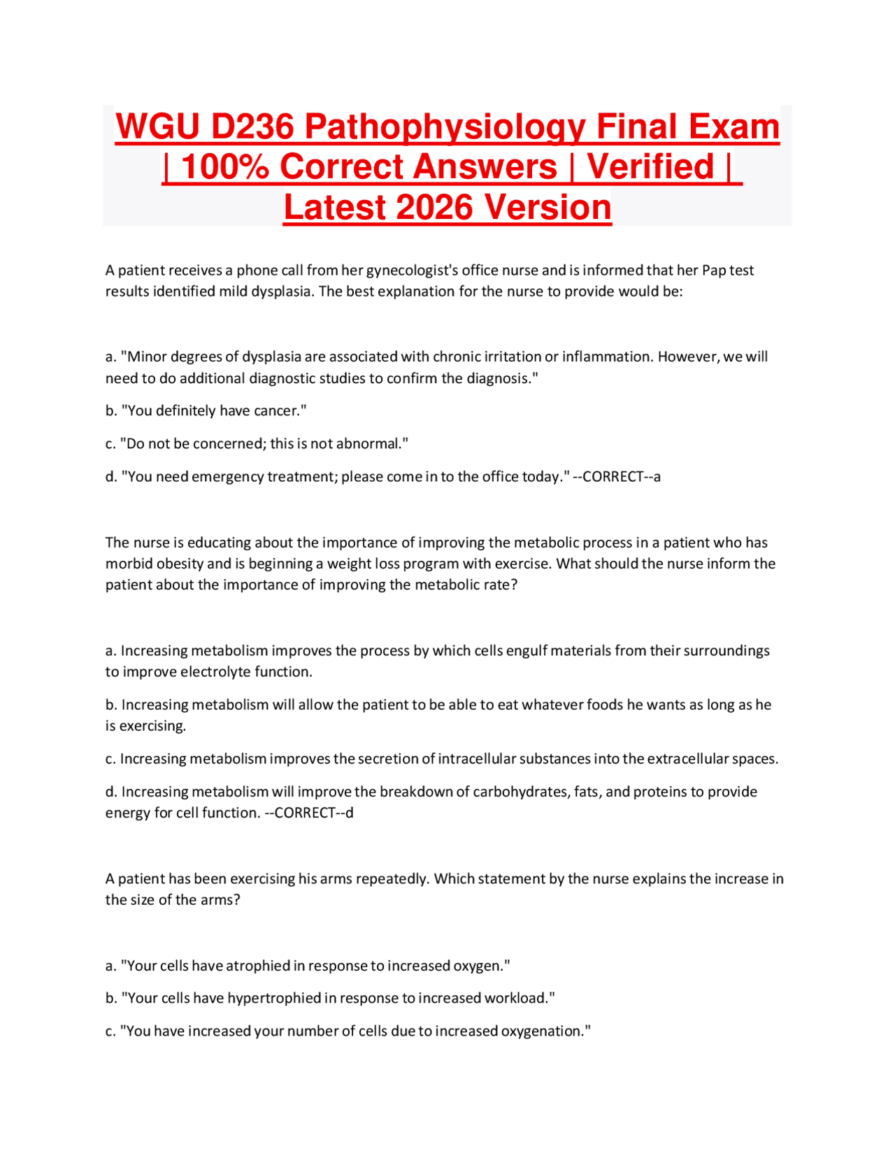 WGU D236 Pathophysiology Final Exam | 100% Correct Answers | Verified ...