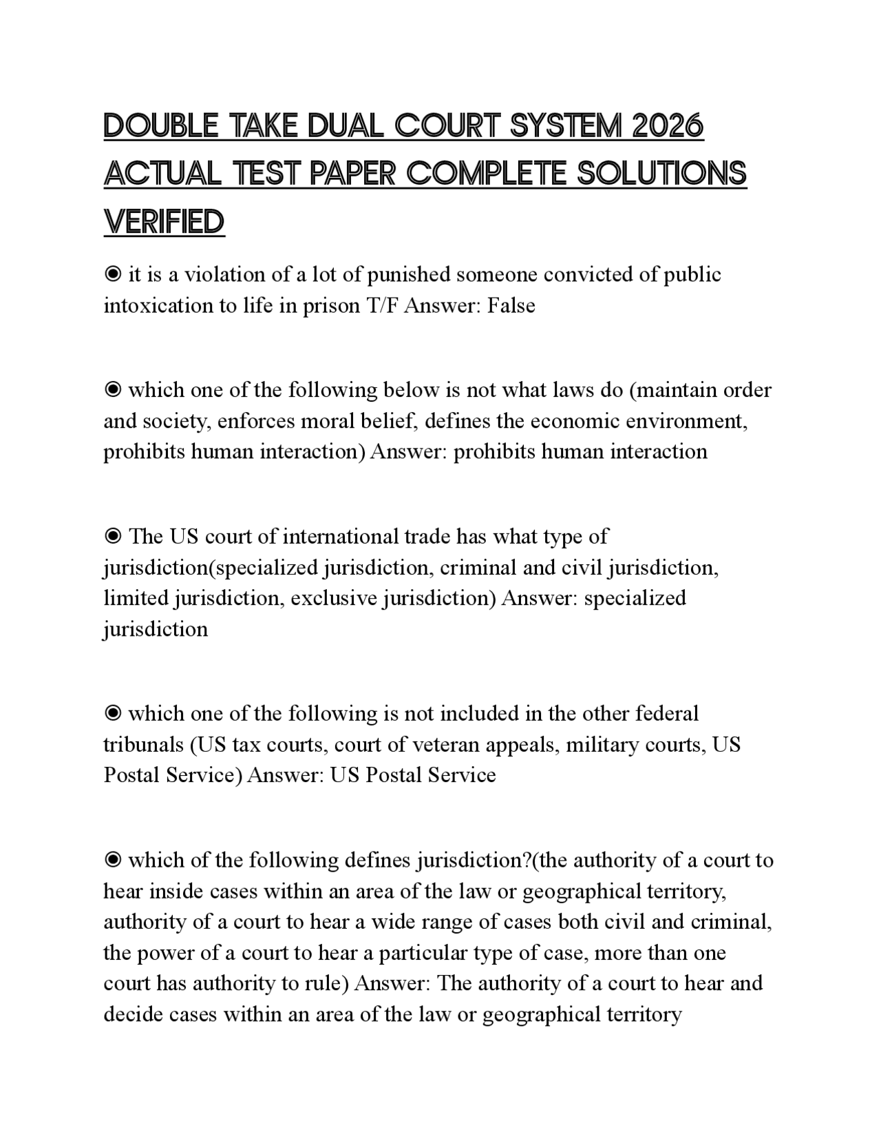 DOUBLE TAKE DUAL COURT SYSTEM 2026 ACTUAL TEST PAPER COMPLETE SOLUTIONS ...
